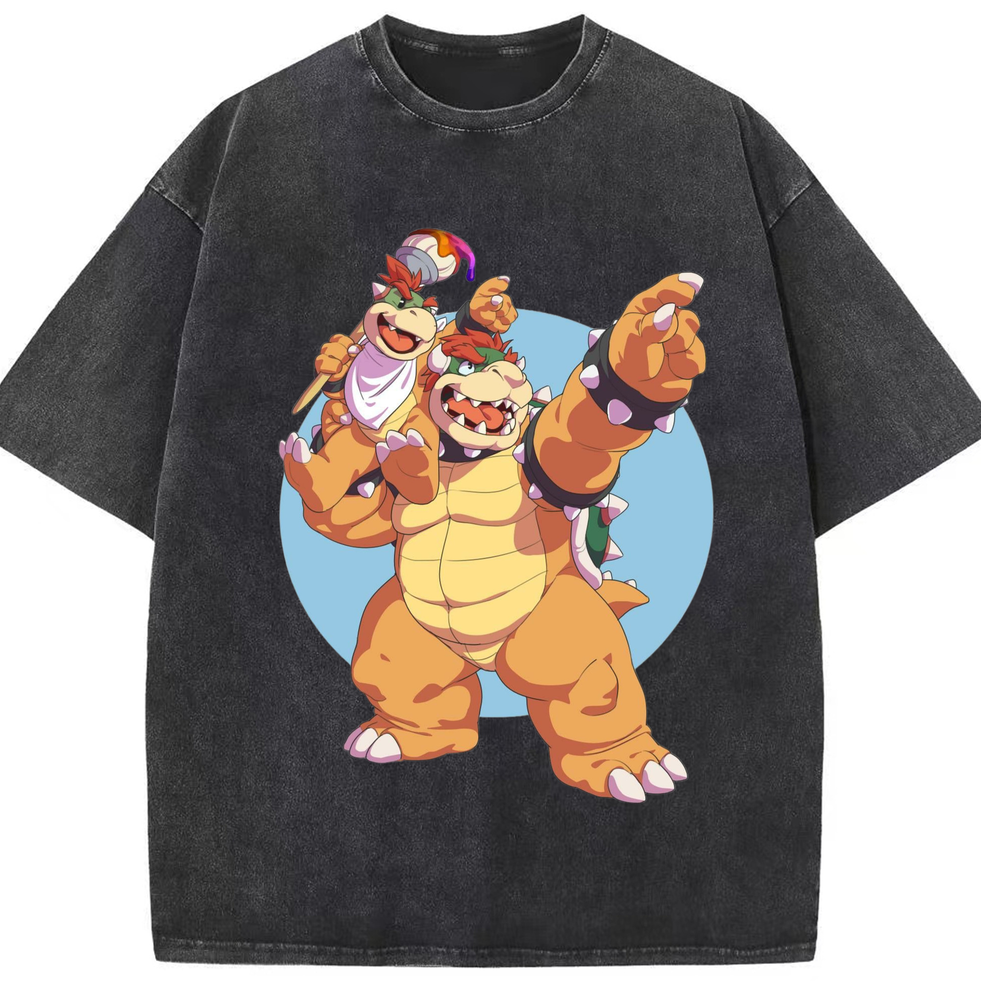 Nintendo Bowser Jr andBowser King Koopa T-Shirt - Washed Vintage Look 230g Cotton Oversized T-Shirt With Front Heat Transfer Print – Soft, Lightweight, Stylish Fit – Comfortable Casual Wear For Sports & Everyday Use