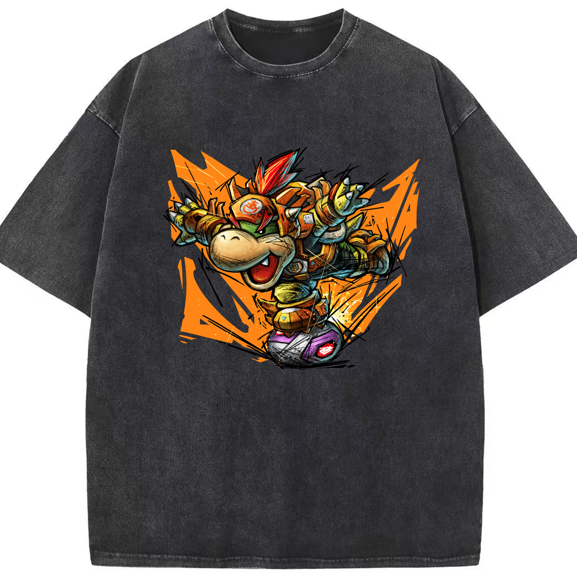 Nintendo Bowser Jr. 'shoot'Painted styleTee - Washed Vintage Look 230g Cotton Oversized T-Shirt With Front Heat Transfer Print – Soft, Lightweight, Stylish Fit – Comfortable Casual Wear For Sports & Everyday Use