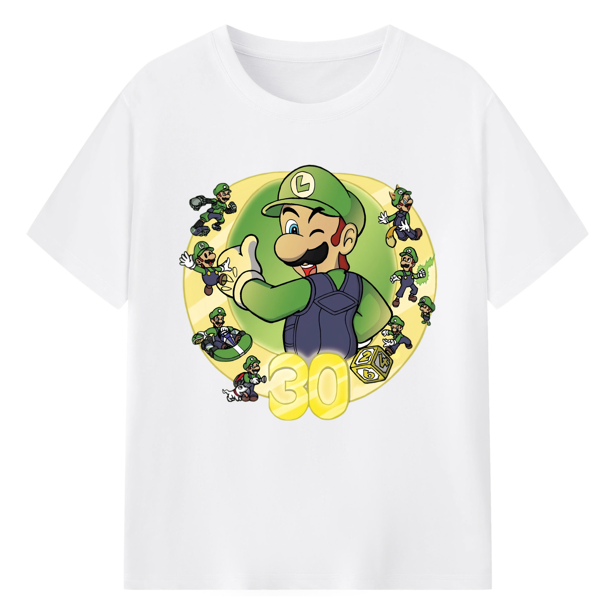 Nintendo Luigi 30th anniversary Graphic Tee - 180g Cotton T-Shirt With Front Heat Transfer Print – Soft, Lightweight, Fitted Design – Comfortable Casual Wear For Sports & Everyday Use
