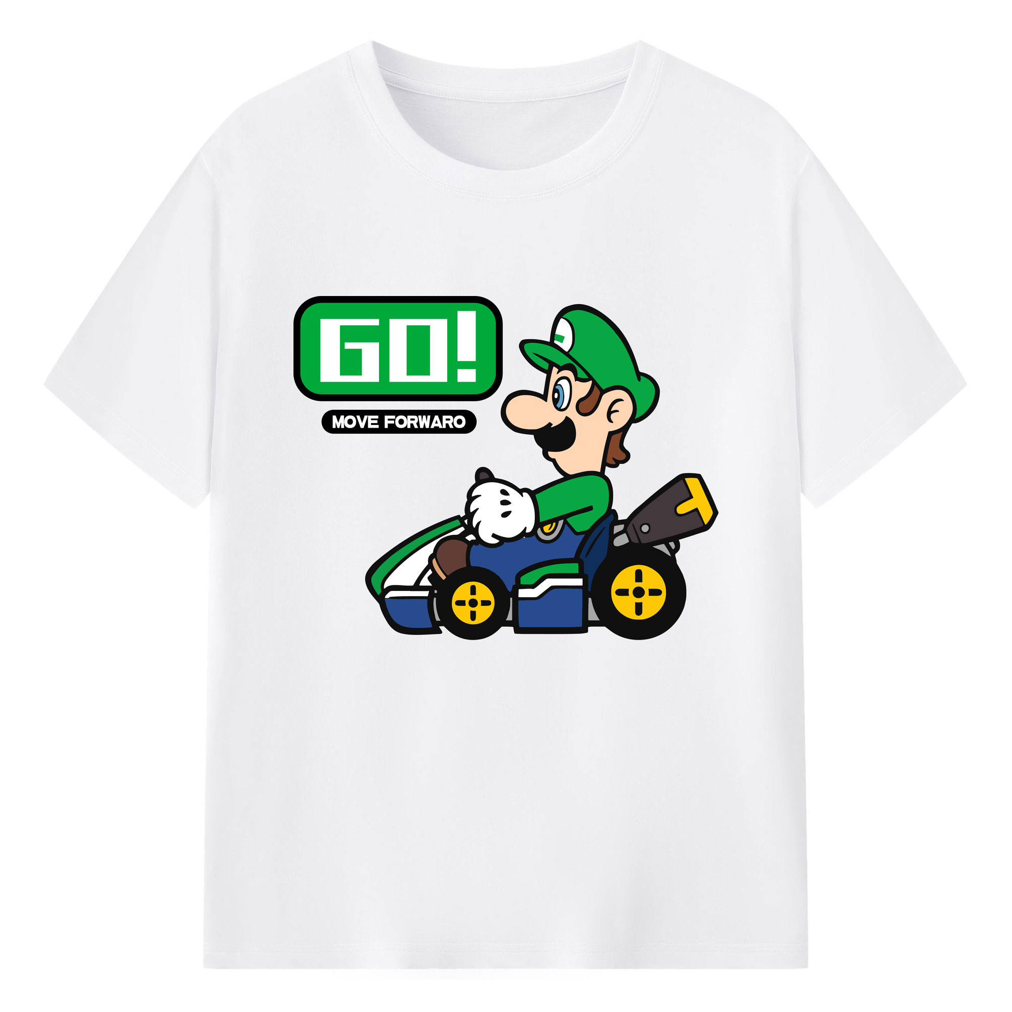 Nintendo Luigi 'GO!'kart T-shirt - 180g Cotton T-Shirt With Front Heat Transfer Print – Soft, Lightweight, Fitted Design – Comfortable Casual Wear For Sports & Everyday Use