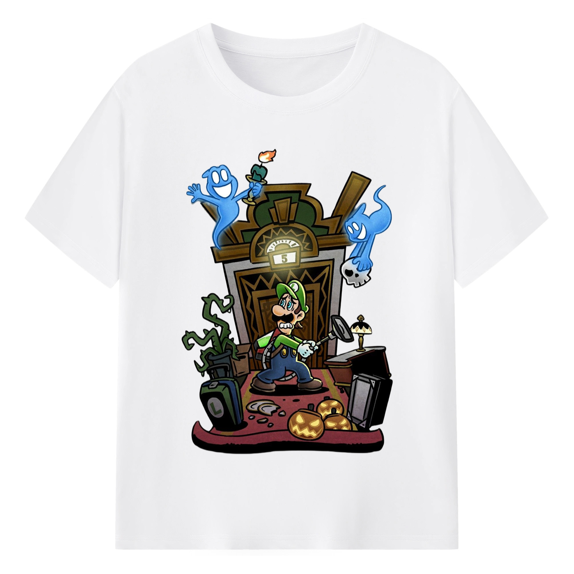 Nintendo Luigi Luigi's Mansion T-shirt - 180g Cotton T-Shirt With Front Heat Transfer Print – Soft, Lightweight, Fitted Design – Comfortable Casual Wear For Sports & Everyday Use