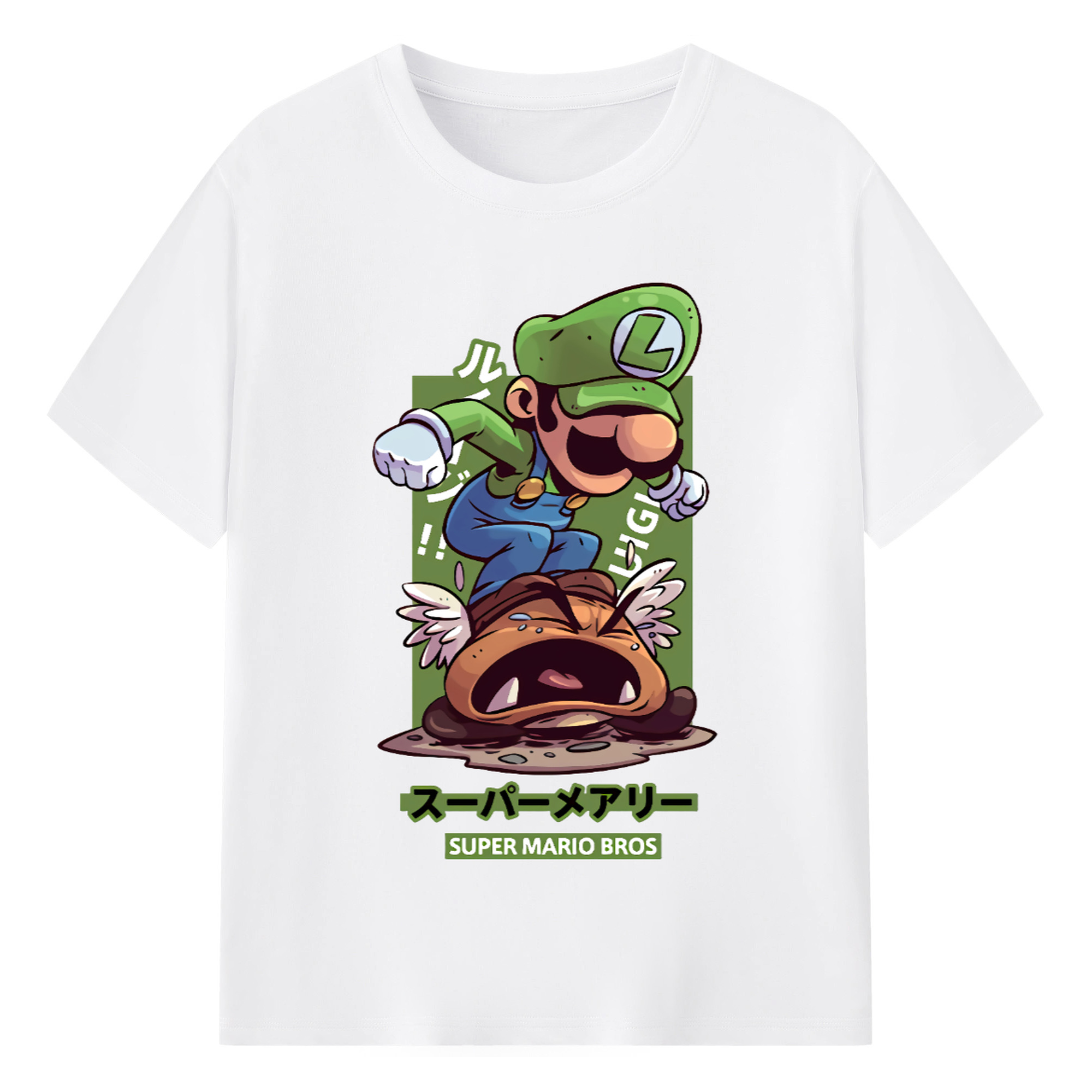 Nintendo Luigi 'Stamp Goomba' Cartoon Art T-shirt - 180g Cotton T-Shirt With Front Heat Transfer Print – Soft, Lightweight, Fitted Design – Comfortable Casual Wear For Sports & Everyday Use