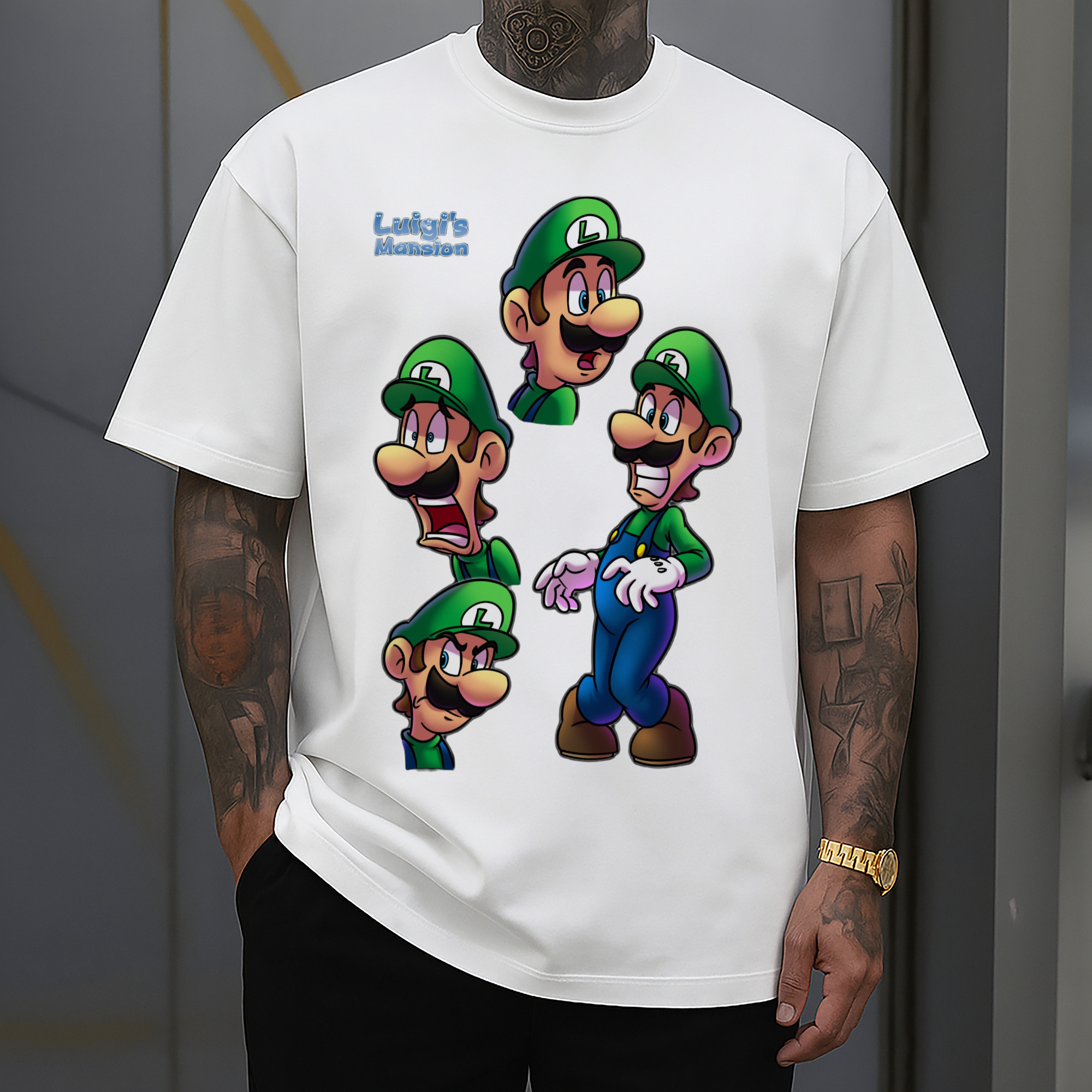 Nintendo Luigi fearful expression t-shirt