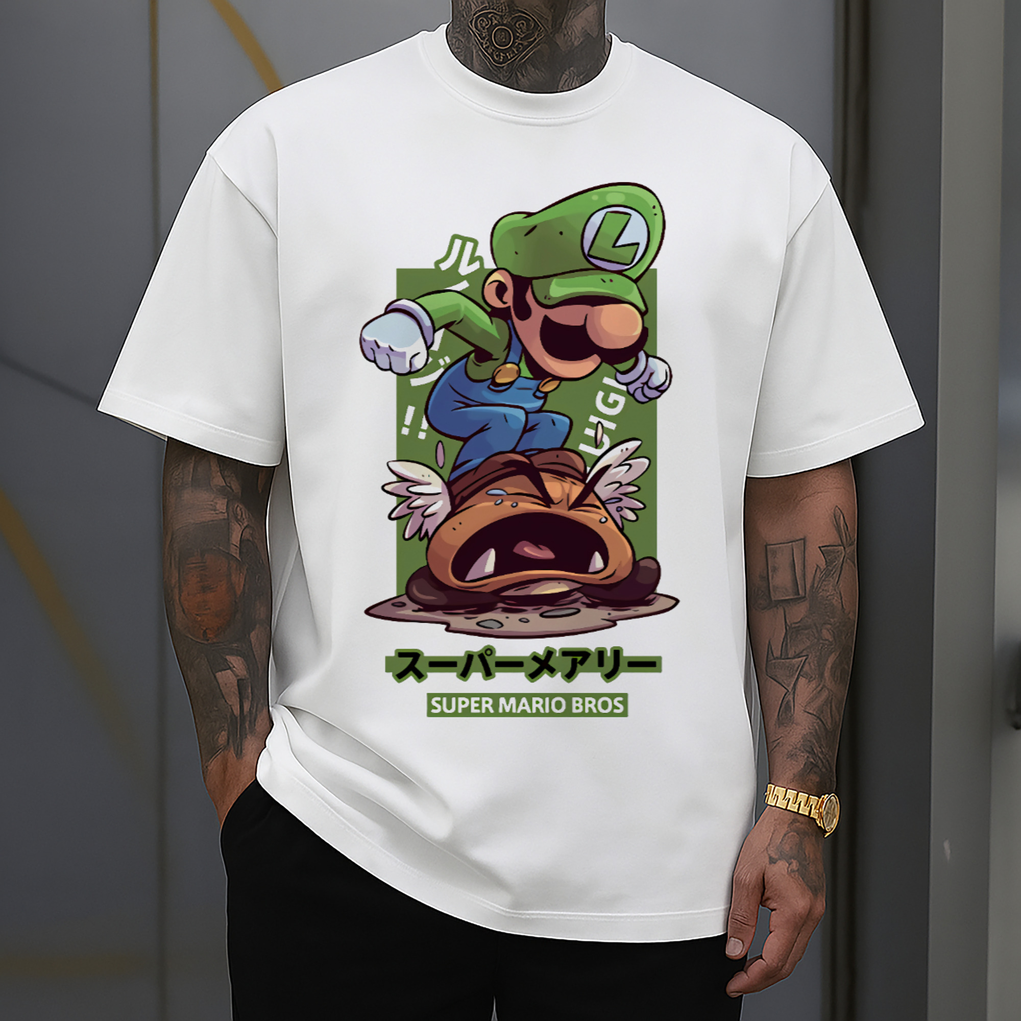 Nintendo Luigi 'Stamp Goomba' Cartoon Art T-shirt