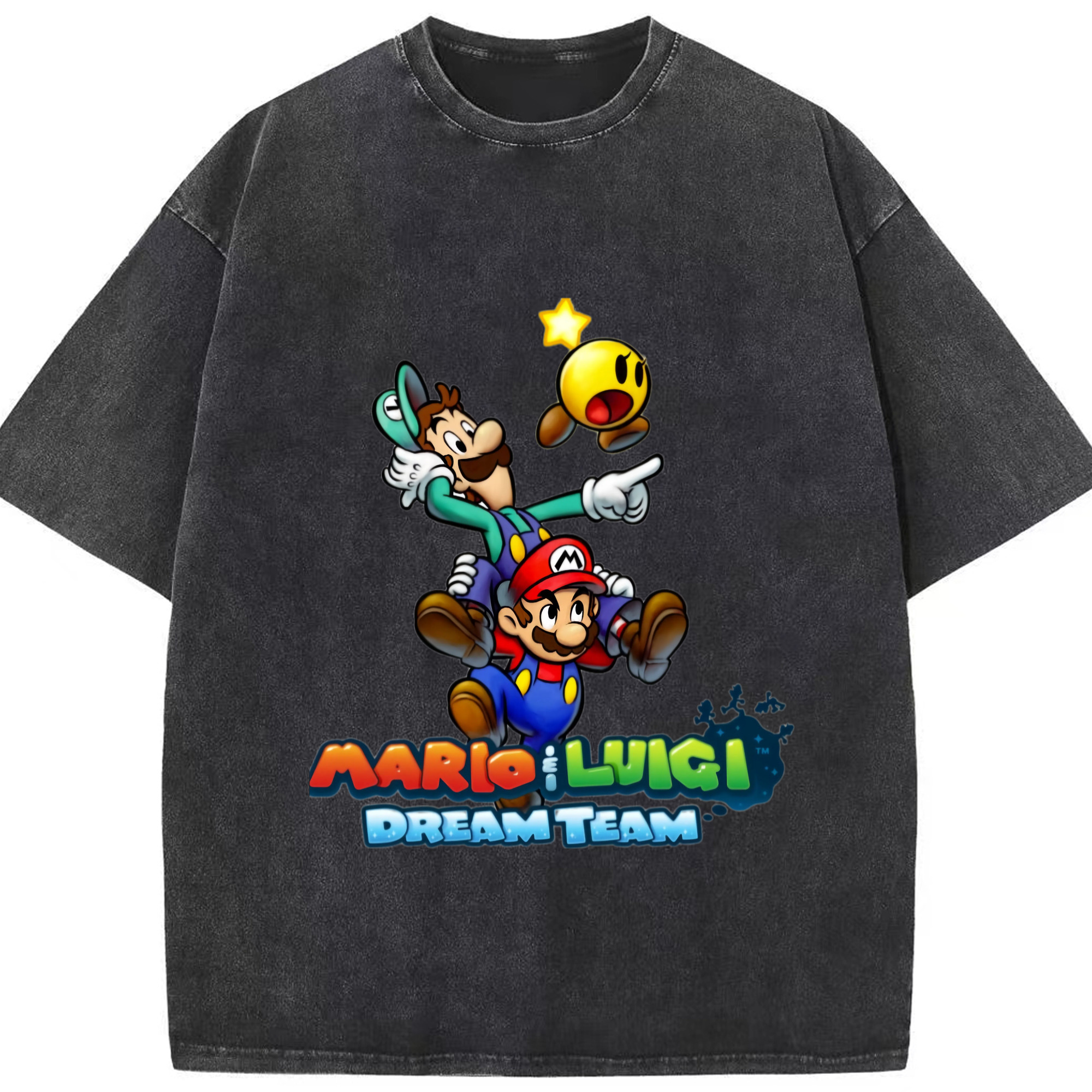Mario and luigi t dream team shirts - Washed Vintage Look 230g Cotton Oversized T-Shirt With Front Heat Transfer Print – Soft, Lightweight, Stylish Fit – Comfortable Casual Wear For Sports & Everyday Use