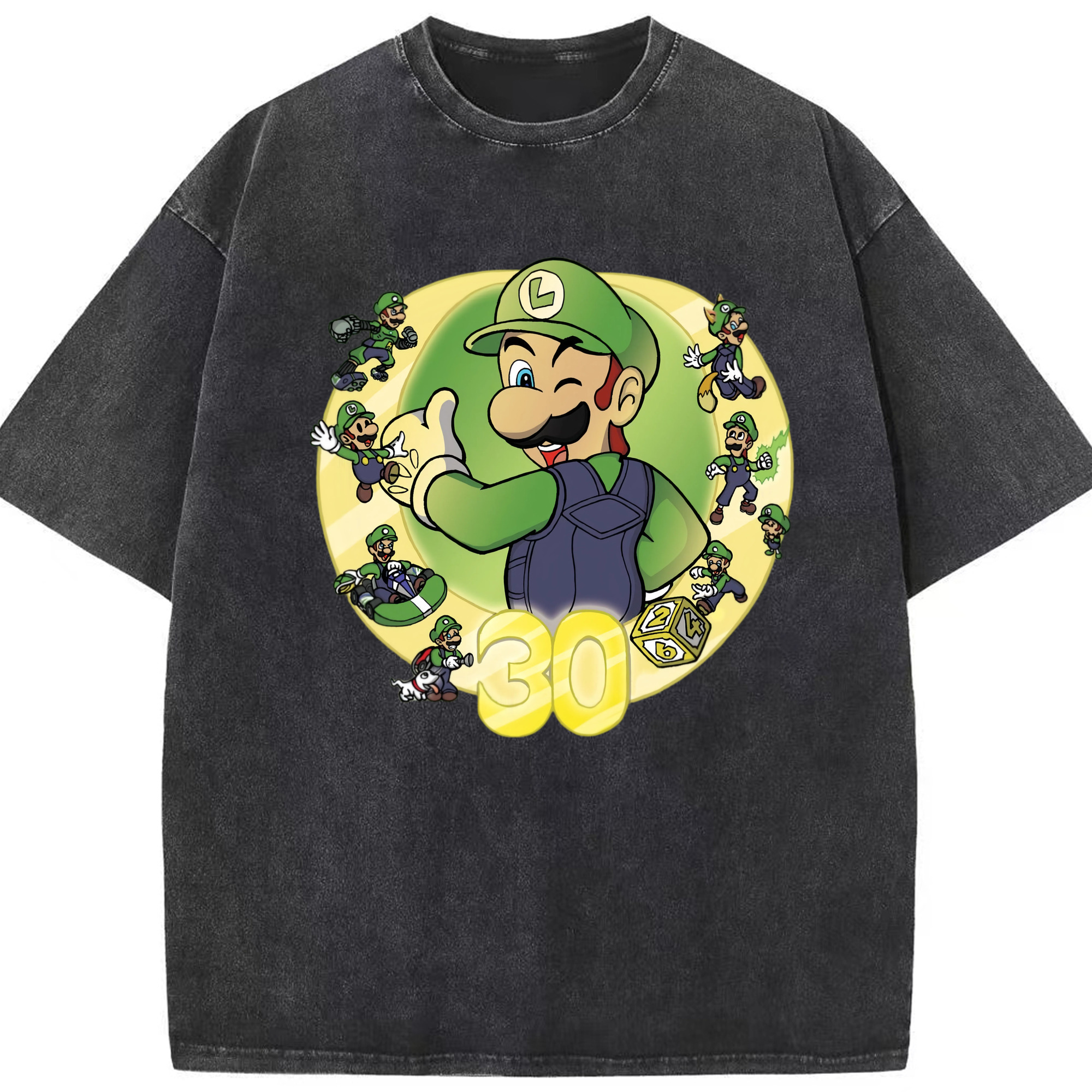 Nintendo Luigi 30th anniversary Graphic Tee - Washed Vintage Look 230g Cotton Oversized T-Shirt With Front Heat Transfer Print – Soft, Lightweight, Stylish Fit – Comfortable Casual Wear For Sports & Everyday Use