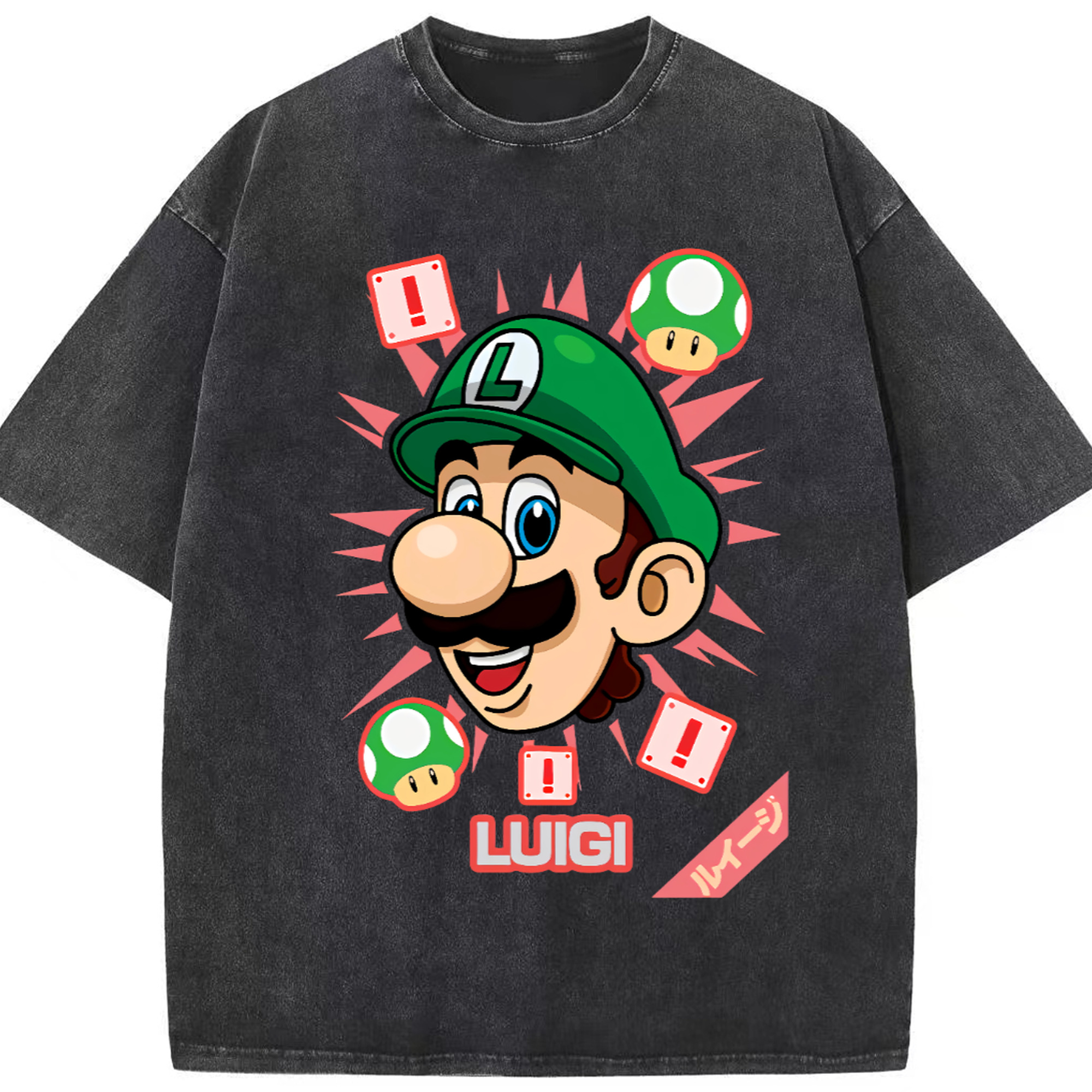 Nintendo Luigi cartoon profile t-shirt - Washed Vintage Look 230g Cotton Oversized T-Shirt With Front Heat Transfer Print – Soft, Lightweight, Stylish Fit – Comfortable Casual Wear For Sports & Everyday Use
