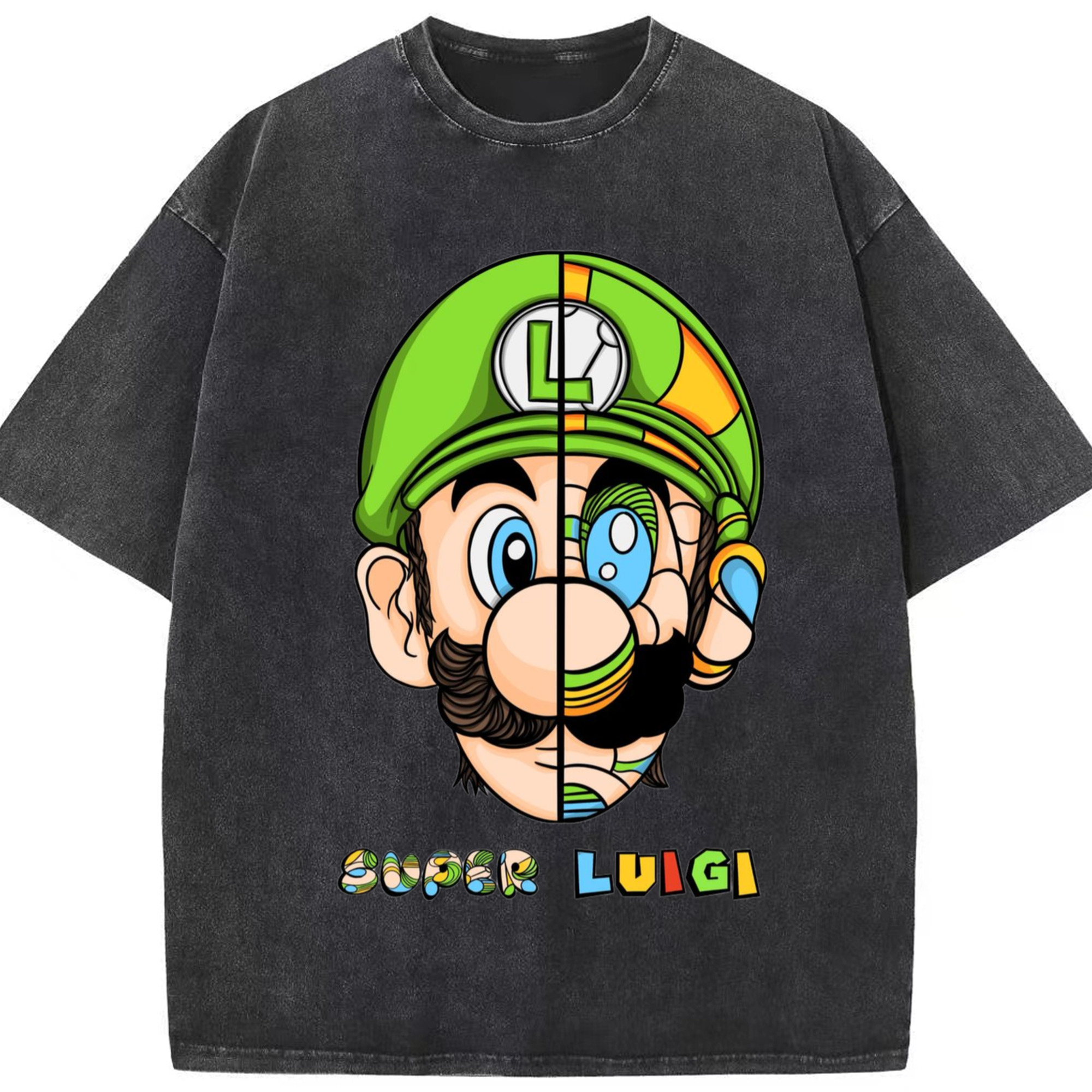 Nintendo Luigi Colored origami style t-shirt - Washed Vintage Look 230g Cotton Oversized T-Shirt With Front Heat Transfer Print – Soft, Lightweight, Stylish Fit – Comfortable Casual Wear For Sports & Everyday Use