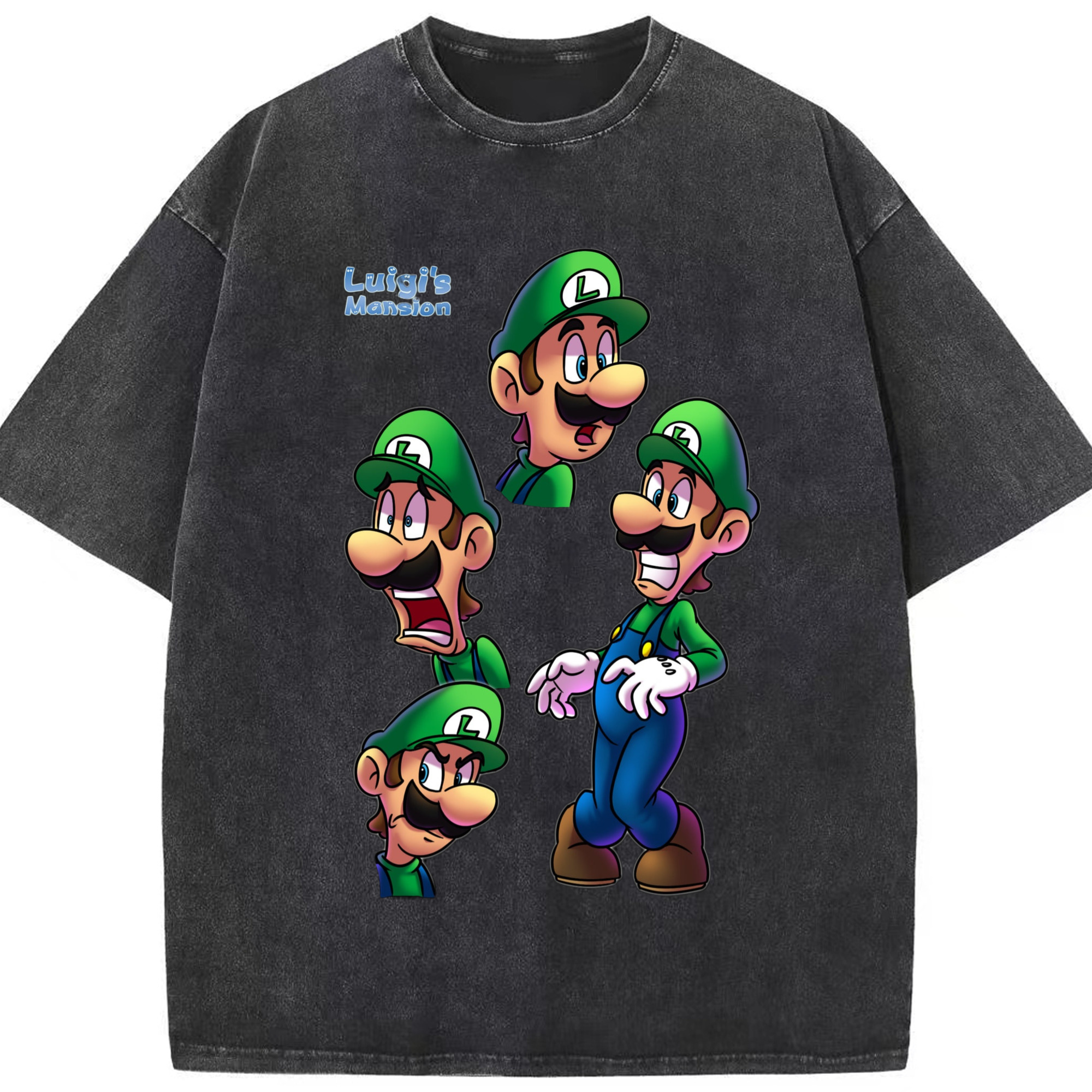 Nintendo Luigi fearful expression t-shirt - Washed Vintage Look 230g Cotton Oversized T-Shirt With Front Heat Transfer Print – Soft, Lightweight, Stylish Fit – Comfortable Casual Wear For Sports & Everyday Use