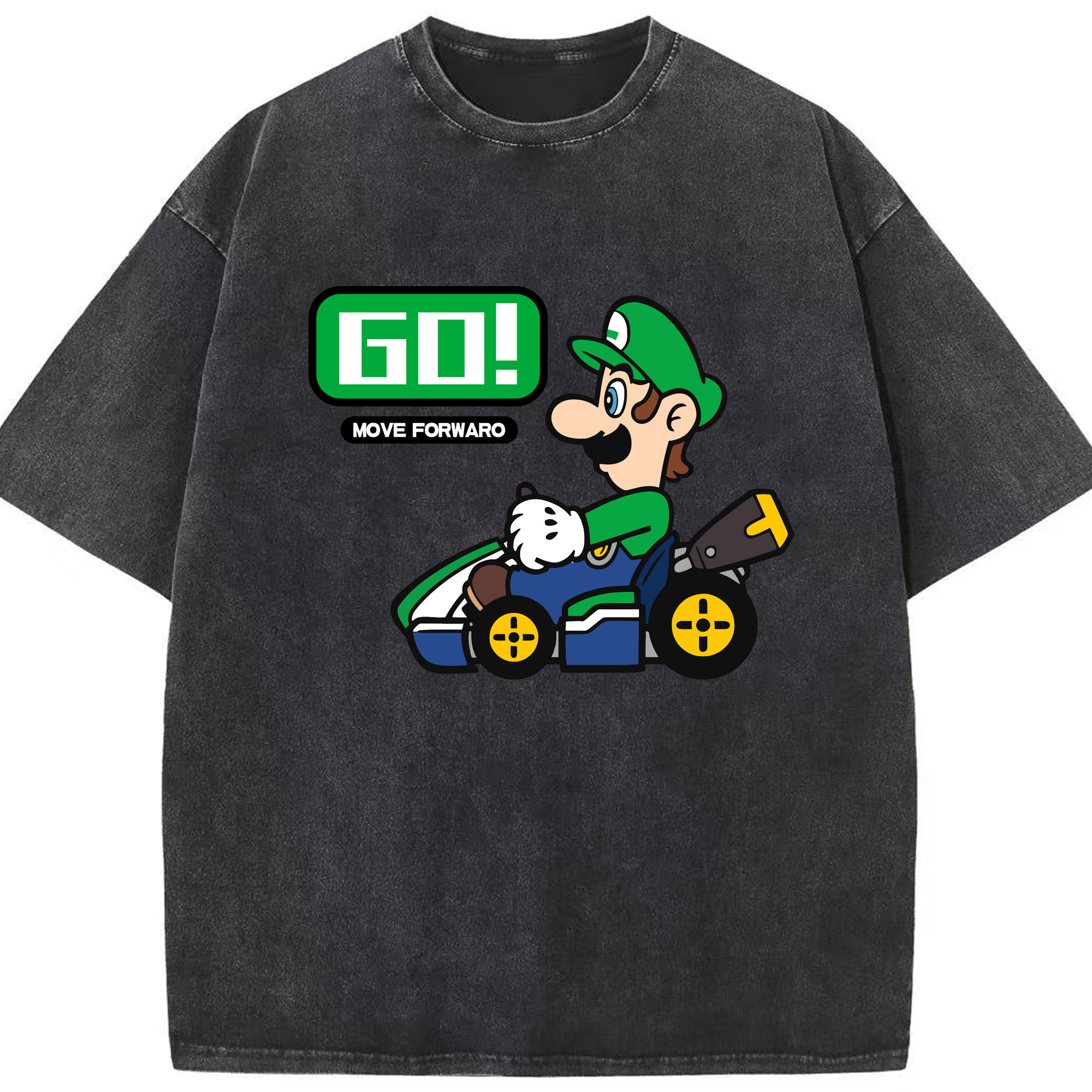 Nintendo Luigi 'GO!'kart T-shirt - Washed Vintage Look 230g Cotton Oversized T-Shirt With Front Heat Transfer Print – Soft, Lightweight, Stylish Fit – Comfortable Casual Wear For Sports & Everyday Use