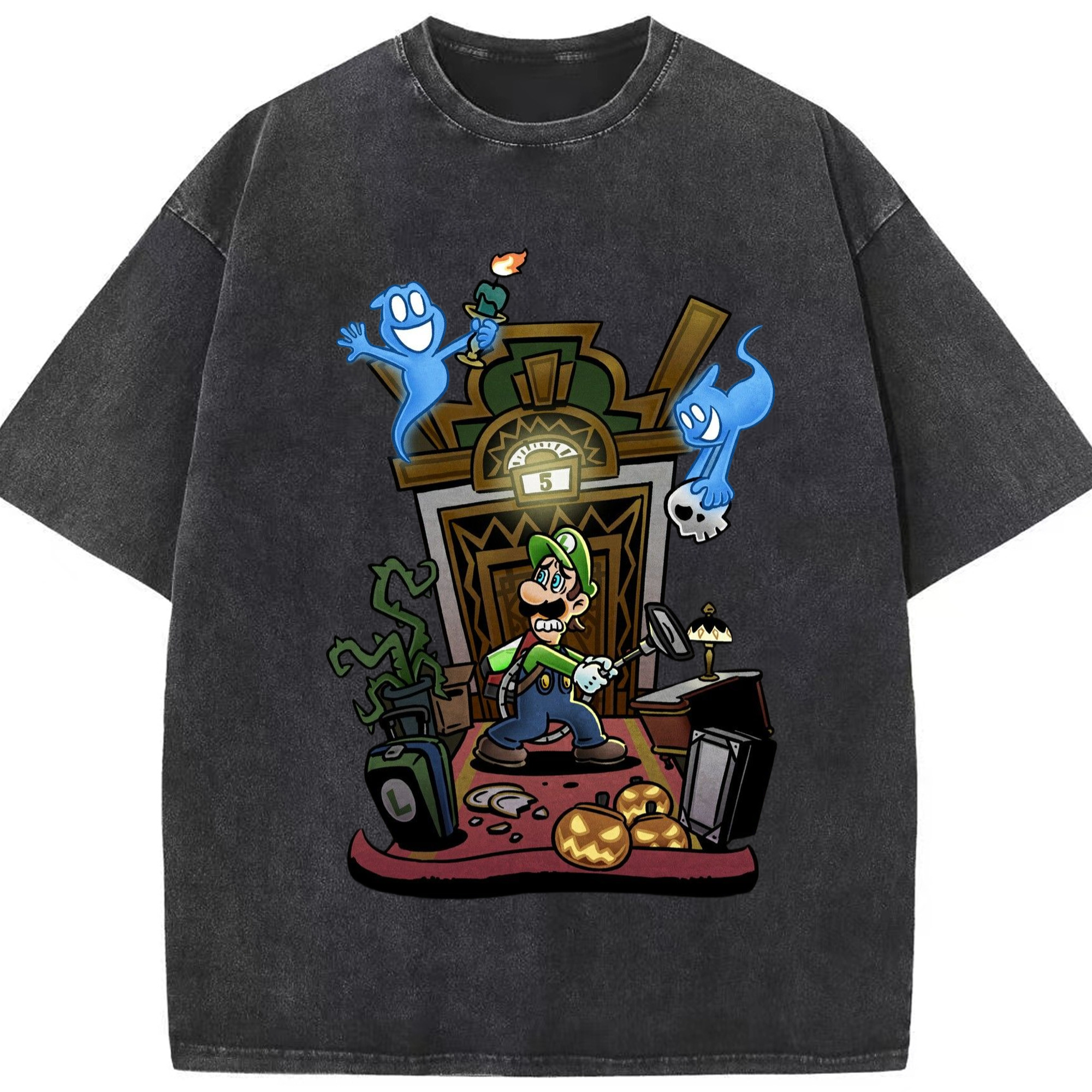 Nintendo Luigi Luigi's Mansion T-shirt - Washed Vintage Look 230g Cotton Oversized T-Shirt With Front Heat Transfer Print – Soft, Lightweight, Stylish Fit – Comfortable Casual Wear For Sports & Everyday Use