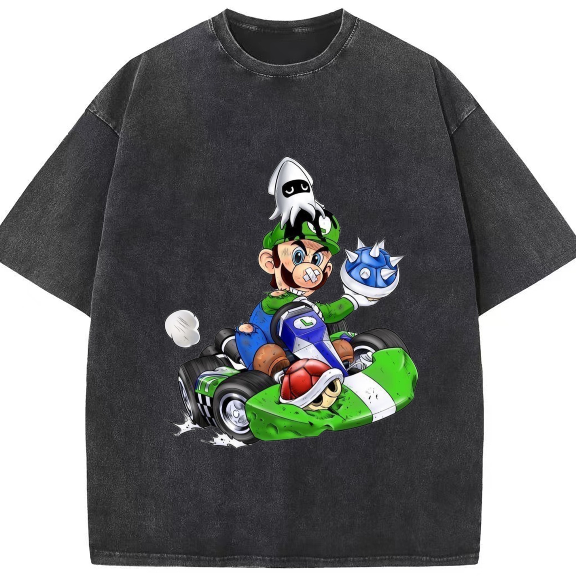 Nintendo Luigi 'Not afraid of failure'kart T-shirt - Washed Vintage Look 230g Cotton Oversized T-Shirt With Front Heat Transfer Print – Soft, Lightweight, Stylish Fit – Comfortable Casual Wear For Sports & Everyday Use