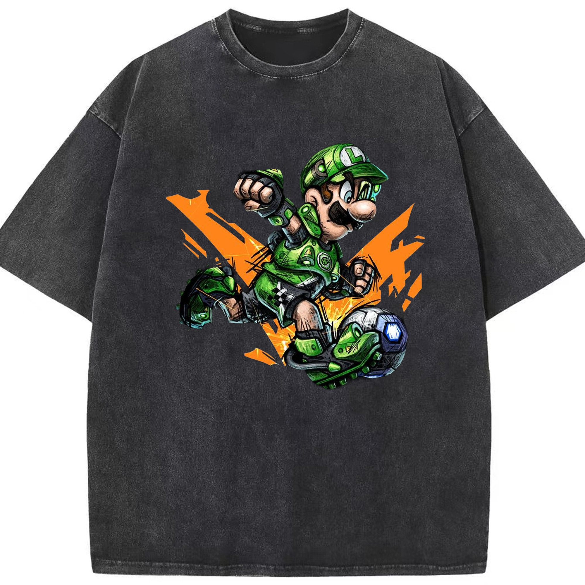 Nintendo Luigi 'shoot'Painted style Tee - Washed Vintage Look 230g Cotton Oversized T-Shirt With Front Heat Transfer Print – Soft, Lightweight, Stylish Fit – Comfortable Casual Wear For Sports & Everyday Use
