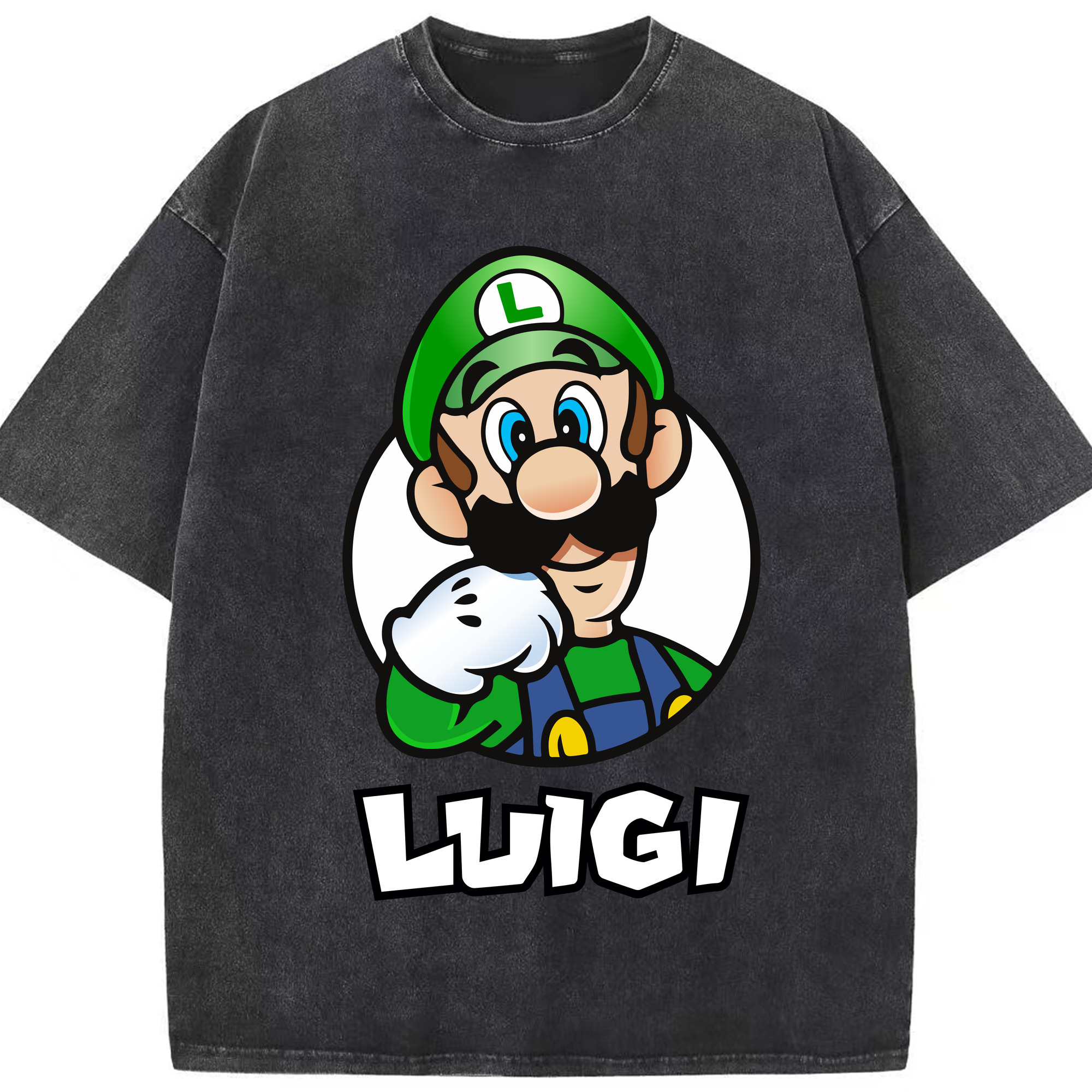 Nintendo Luigi 'Smiling gaze' Graphic Tee - Washed Vintage Look 230g Cotton Oversized T-Shirt With Front Heat Transfer Print – Soft, Lightweight, Stylish Fit – Comfortable Casual Wear For Sports & Everyday Use