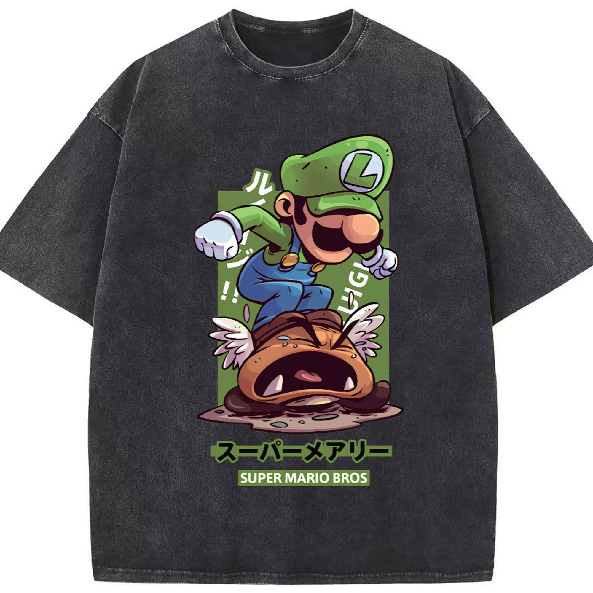 Nintendo Luigi 'Stamp Goomba' Cartoon Art T-shirt - Washed Vintage Look 230g Cotton Oversized T-Shirt With Front Heat Transfer Print – Soft, Lightweight, Stylish Fit – Comfortable Casual Wear For Sports & Everyday Use