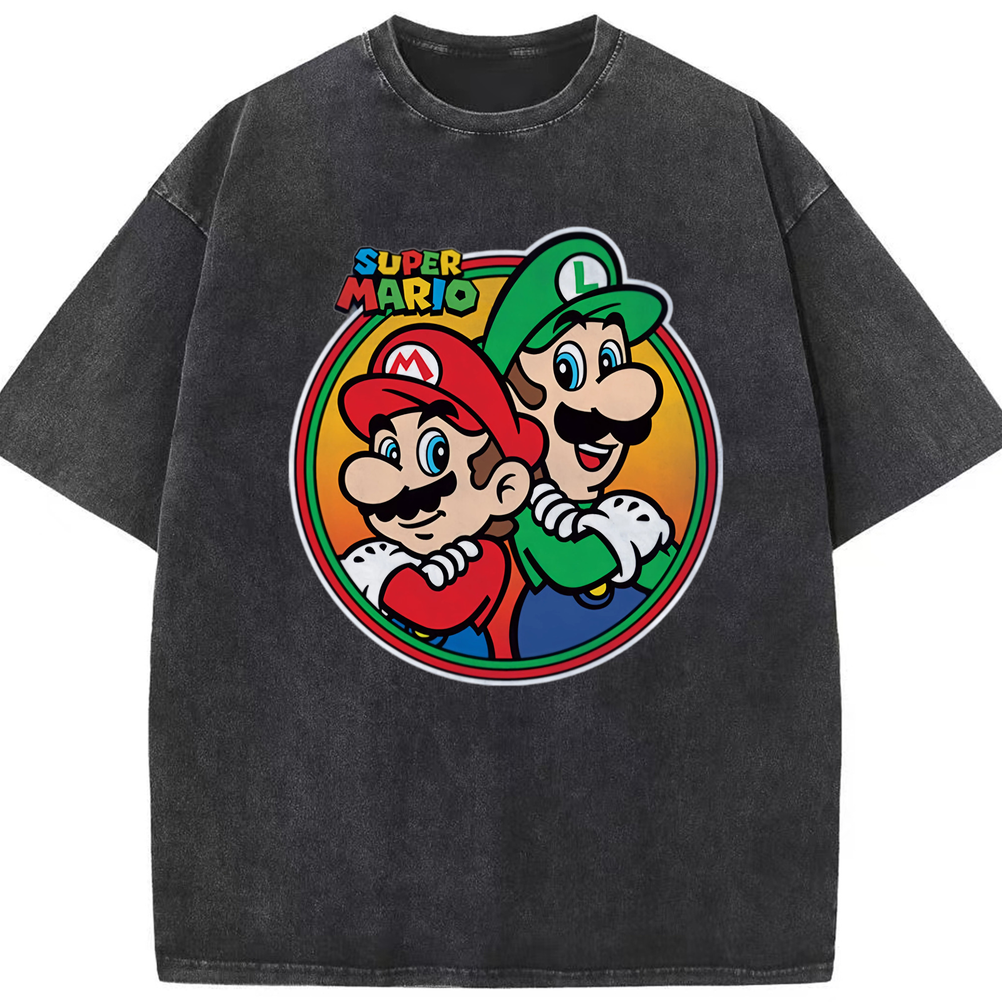 Nintendo mario and luigi back to back t shirts - Washed Vintage Look 230g Cotton Oversized T-Shirt With Front Heat Transfer Print – Soft, Lightweight, Stylish Fit – Comfortable Casual Wear For Sports & Everyday Use