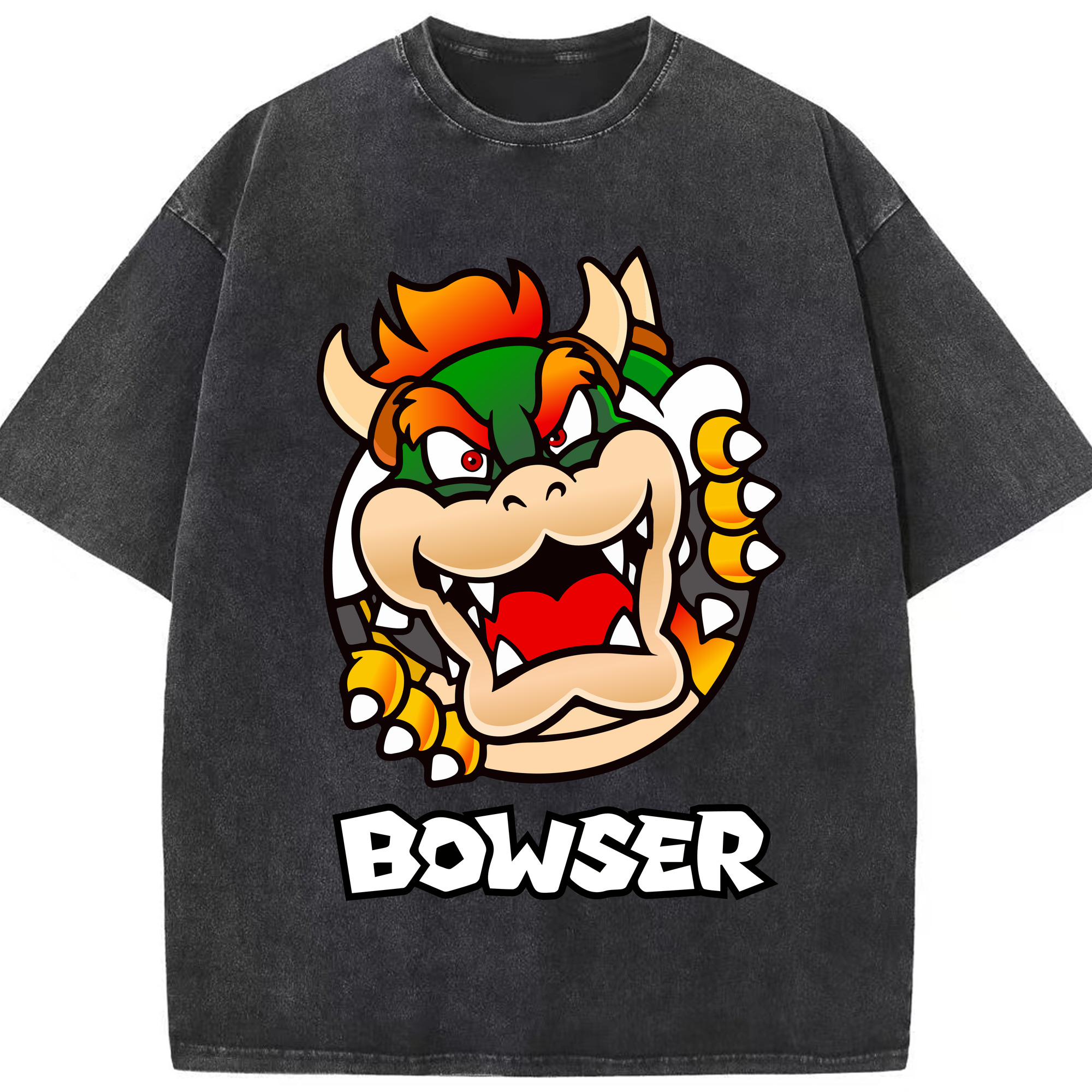 Bowser King Koopa Bowser Cartoon Graphic T-Shirt - Washed Vintage Look 230g Cotton Oversized T-Shirt With Front Heat Transfer Print – Soft, Lightweight, Stylish Fit – Comfortable Casual Wear For Sports & Everyday Use