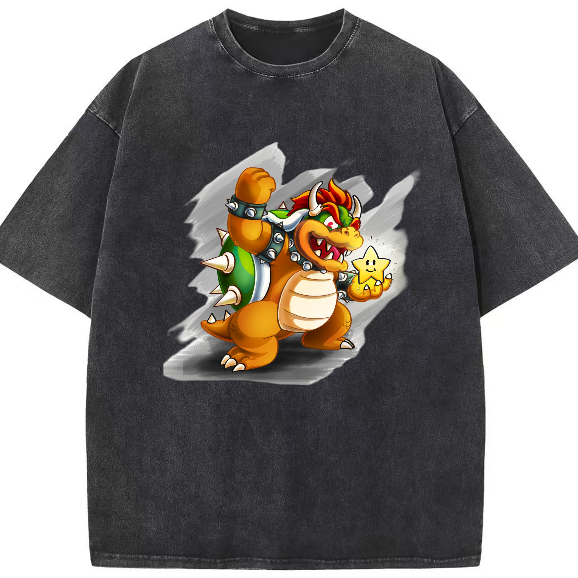 Bowser King Koopa celebratory gesture Graphic T-Shirt - Washed Vintage Look 230g Cotton Oversized T-Shirt With Front Heat Transfer Print – Soft, Lightweight, Stylish Fit – Comfortable Casual Wear For Sports & Everyday Use