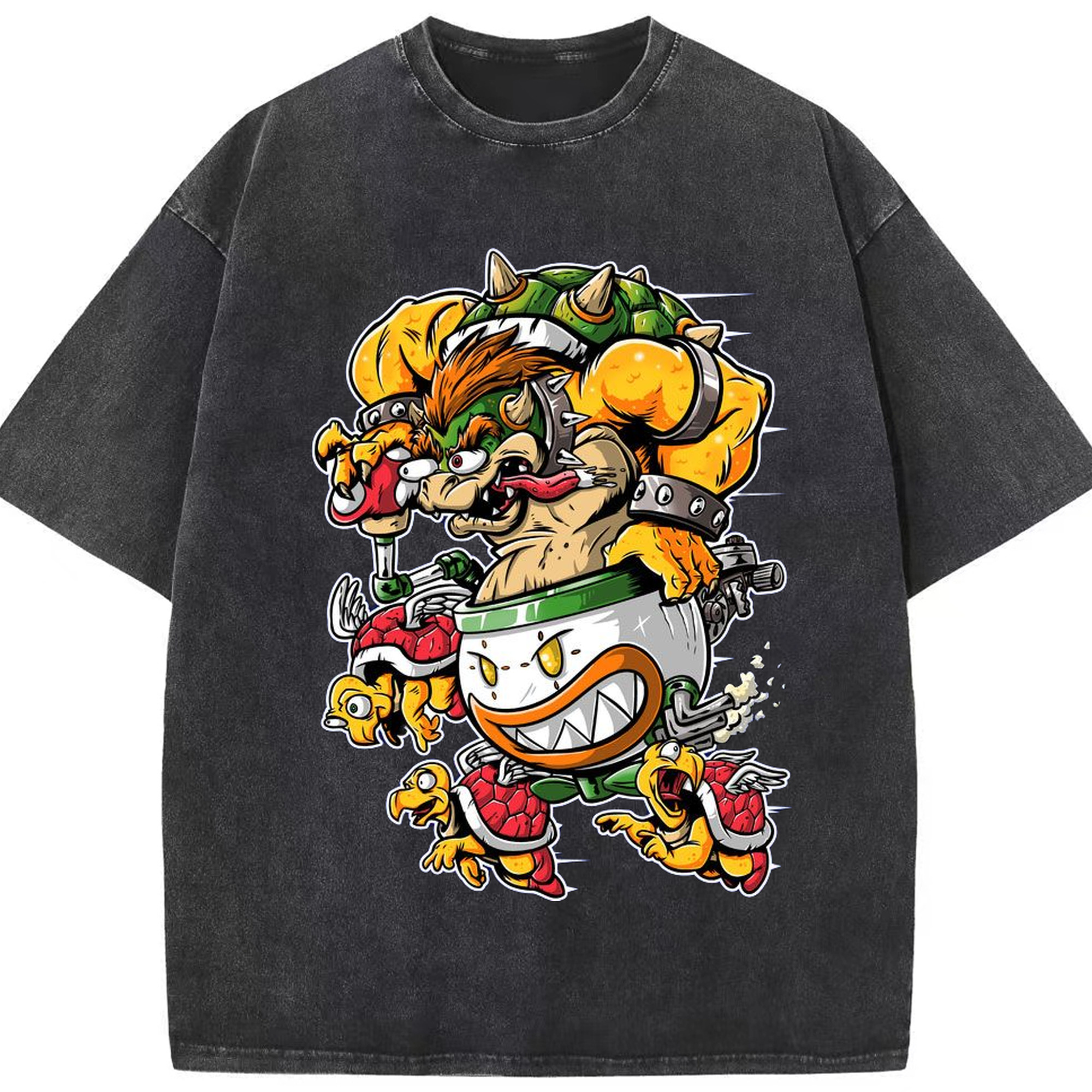 Bowser King Koopa Comic style Graphic T-Shirt - Washed Vintage Look 230g Cotton Oversized T-Shirt With Front Heat Transfer Print – Soft, Lightweight, Stylish Fit – Comfortable Casual Wear For Sports & Everyday Use