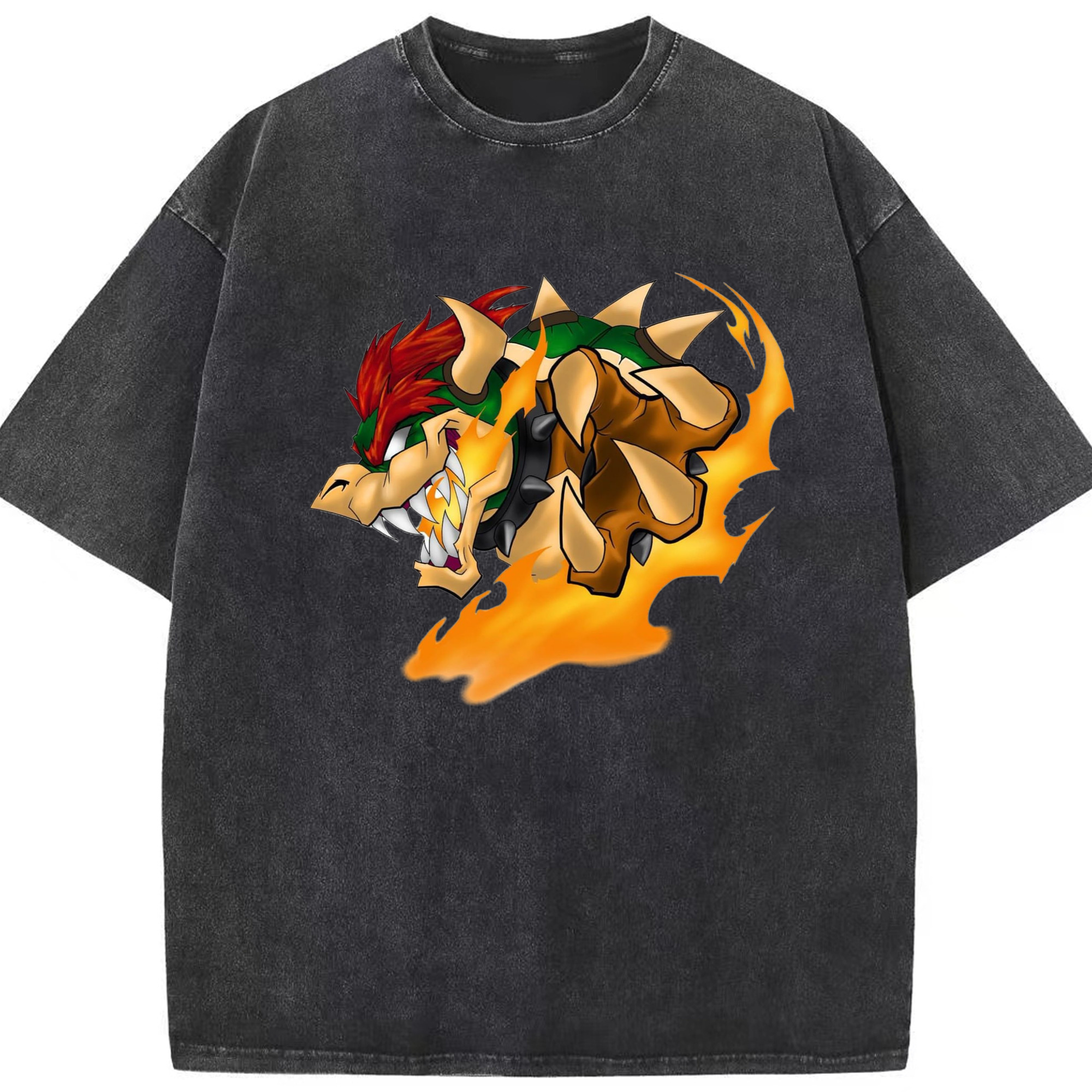 Bowser King Koopa Release fire Graphic T-Shirt - Washed Vintage Look 230g Cotton Oversized T-Shirt With Front Heat Transfer Print – Soft, Lightweight, Stylish Fit – Comfortable Casual Wear For Sports & Everyday Use