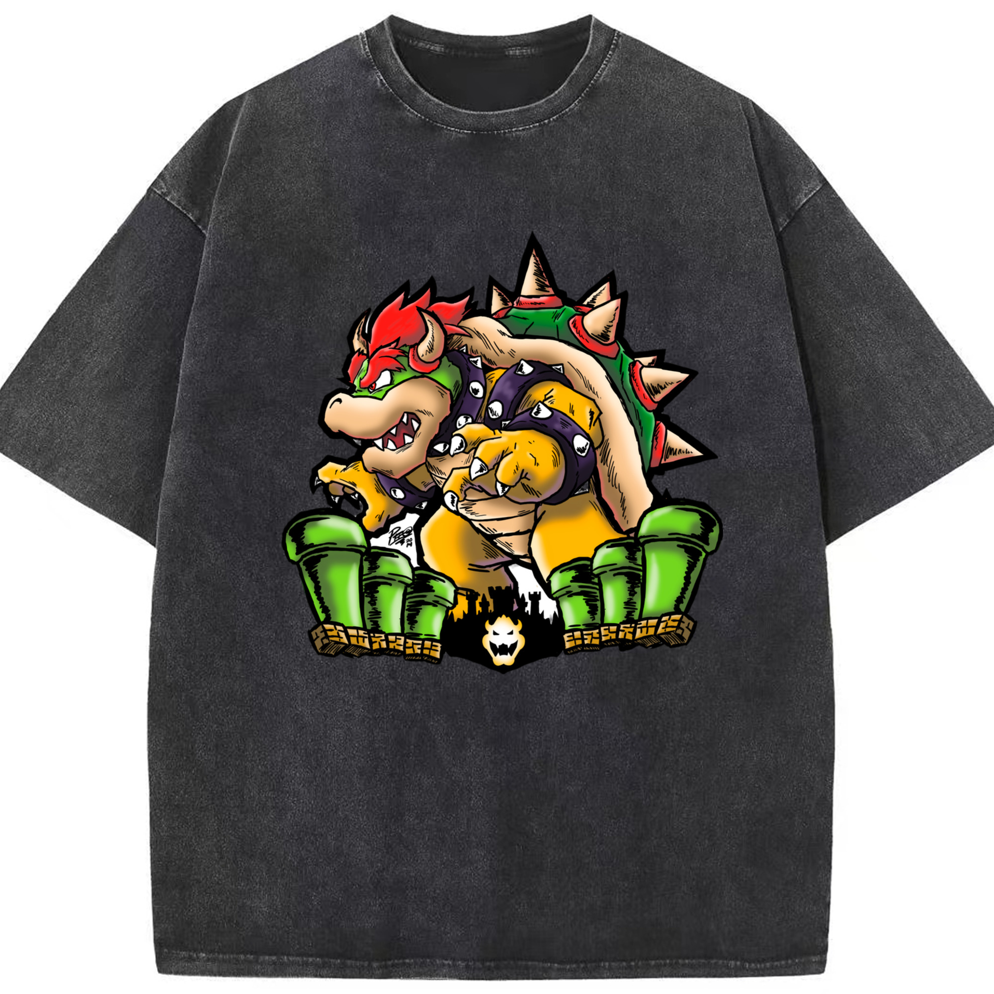 Bowser King Koopa the Great Demon King Appears Graphic T-Shirt - Washed Vintage Look 230g Cotton Oversized T-Shirt With Front Heat Transfer Print – Soft, Lightweight, Stylish Fit – Comfortable Casual Wear For Sports & Everyday Use