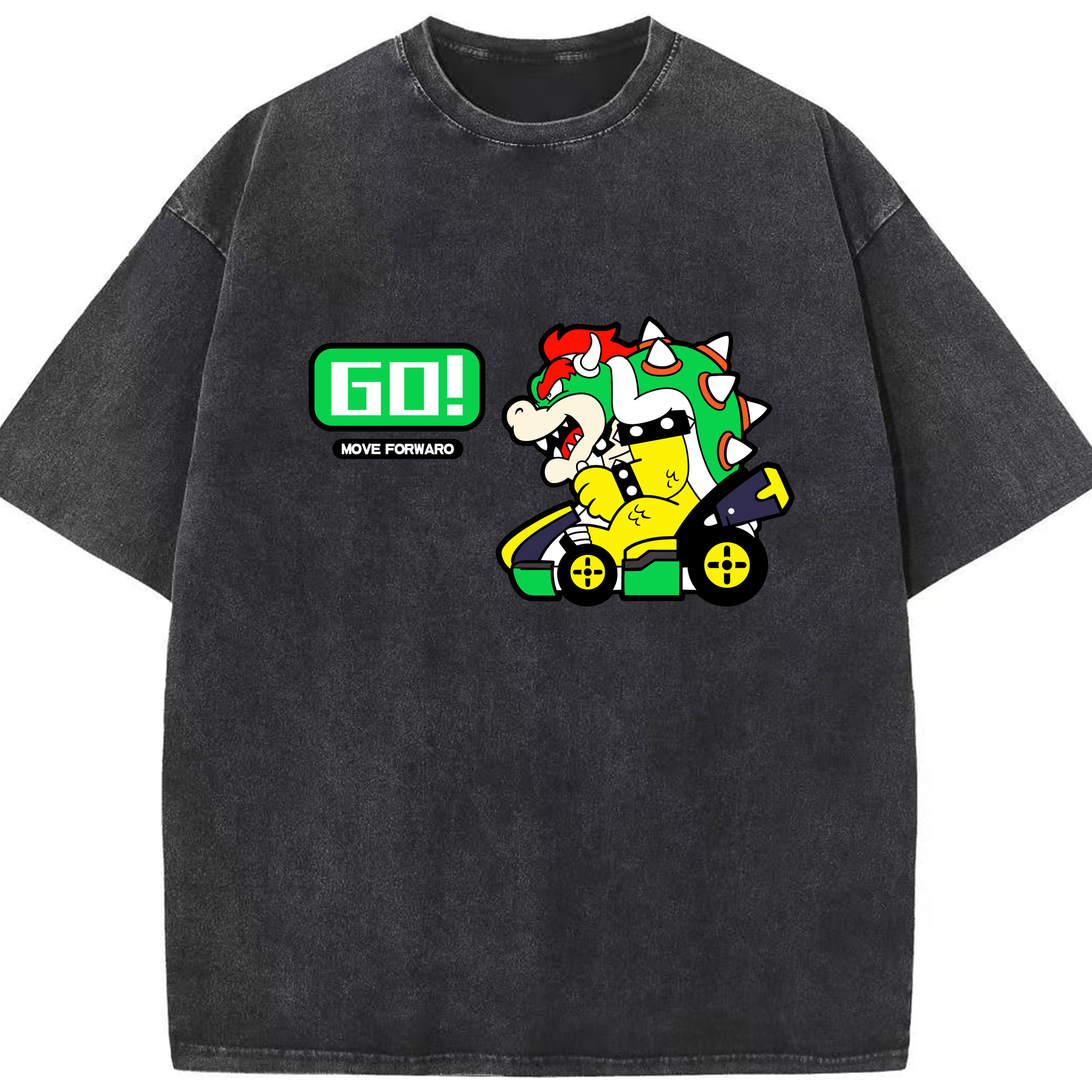 Nintendo King Koopa 'GO!'kart T-shirt - Washed Vintage Look 230g Cotton Oversized T-Shirt With Front Heat Transfer Print – Soft, Lightweight, Stylish Fit – Comfortable Casual Wear For Sports & Everyday Use