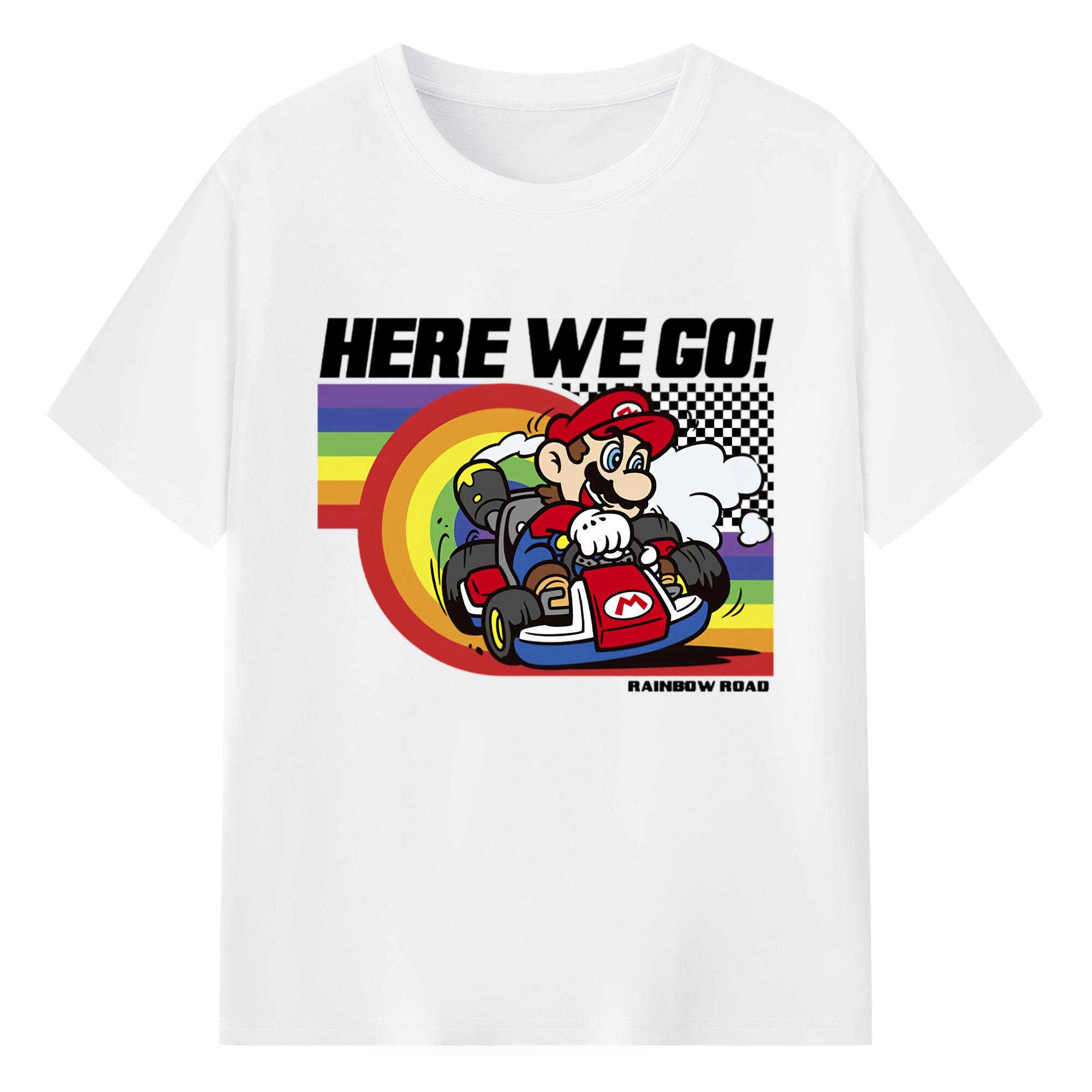 Super Mario Rainbow drift kart T-shirt - 180g Cotton T-Shirt With Front Heat Transfer Print – Soft, Lightweight, Fitted Design – Comfortable Casual Wear For Sports & Everyday Use