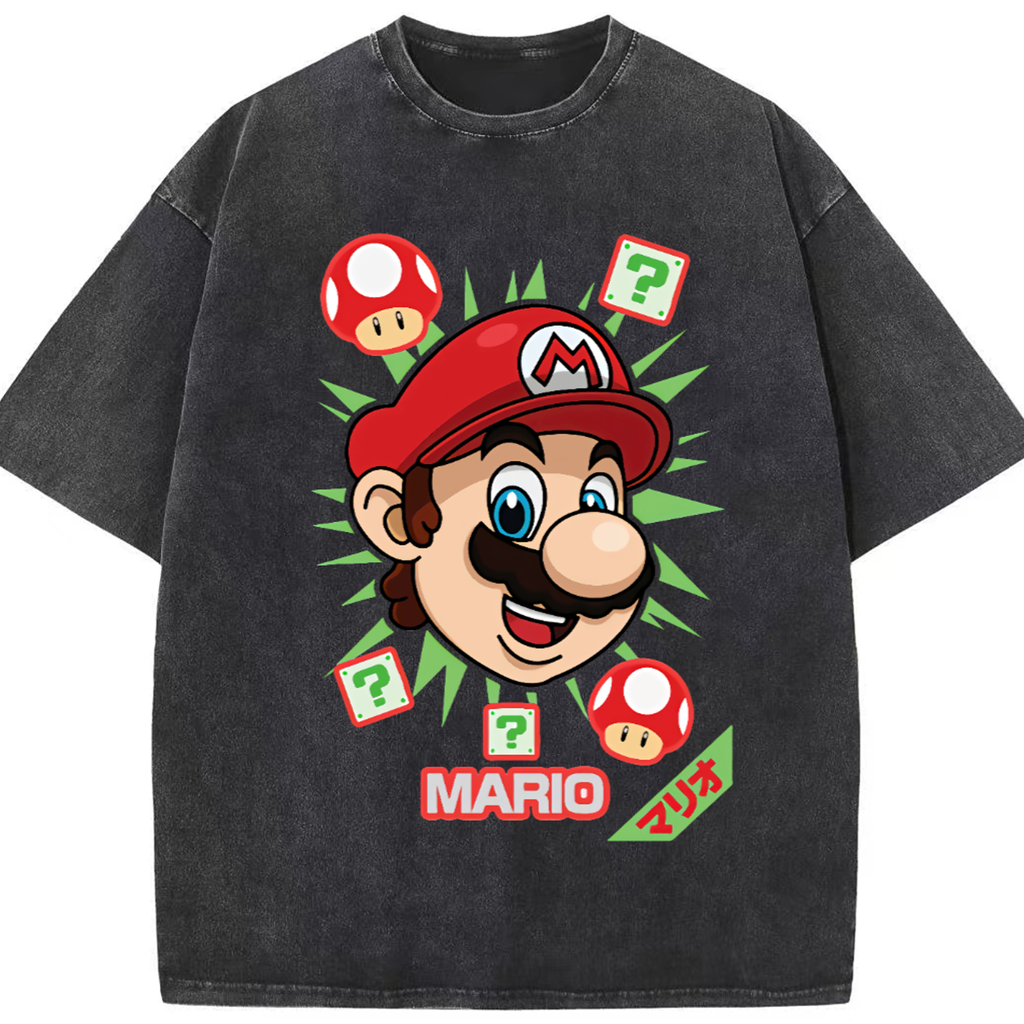 Nintendo mario cartoon profile t-shirt - Washed Vintage Look 230g Cotton Oversized T-Shirt With Front Heat Transfer Print – Soft, Lightweight, Stylish Fit – Comfortable Casual Wear For Sports & Everyday Use