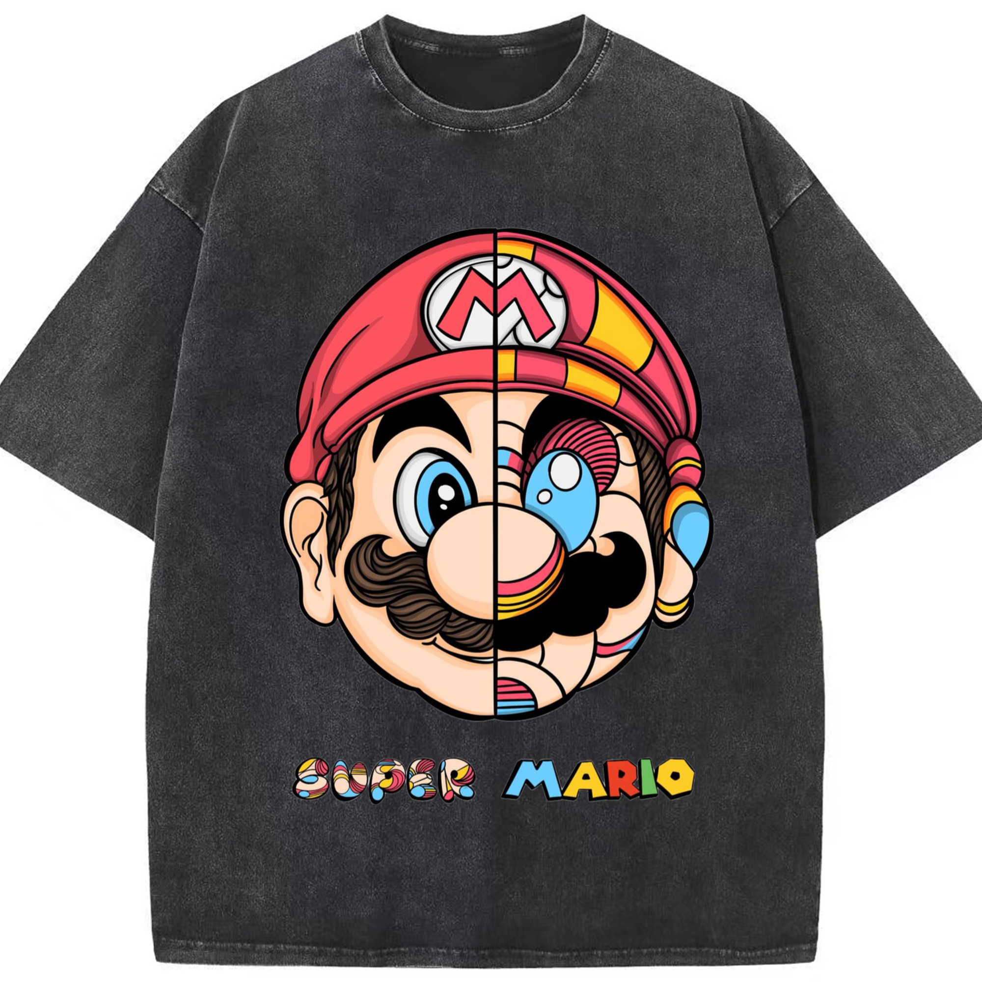 Nintendo Super Colored origami style t-shirt - Washed Vintage Look 230g Cotton Oversized T-Shirt With Front Heat Transfer Print – Soft, Lightweight, Stylish Fit – Comfortable Casual Wear For Sports & Everyday Use