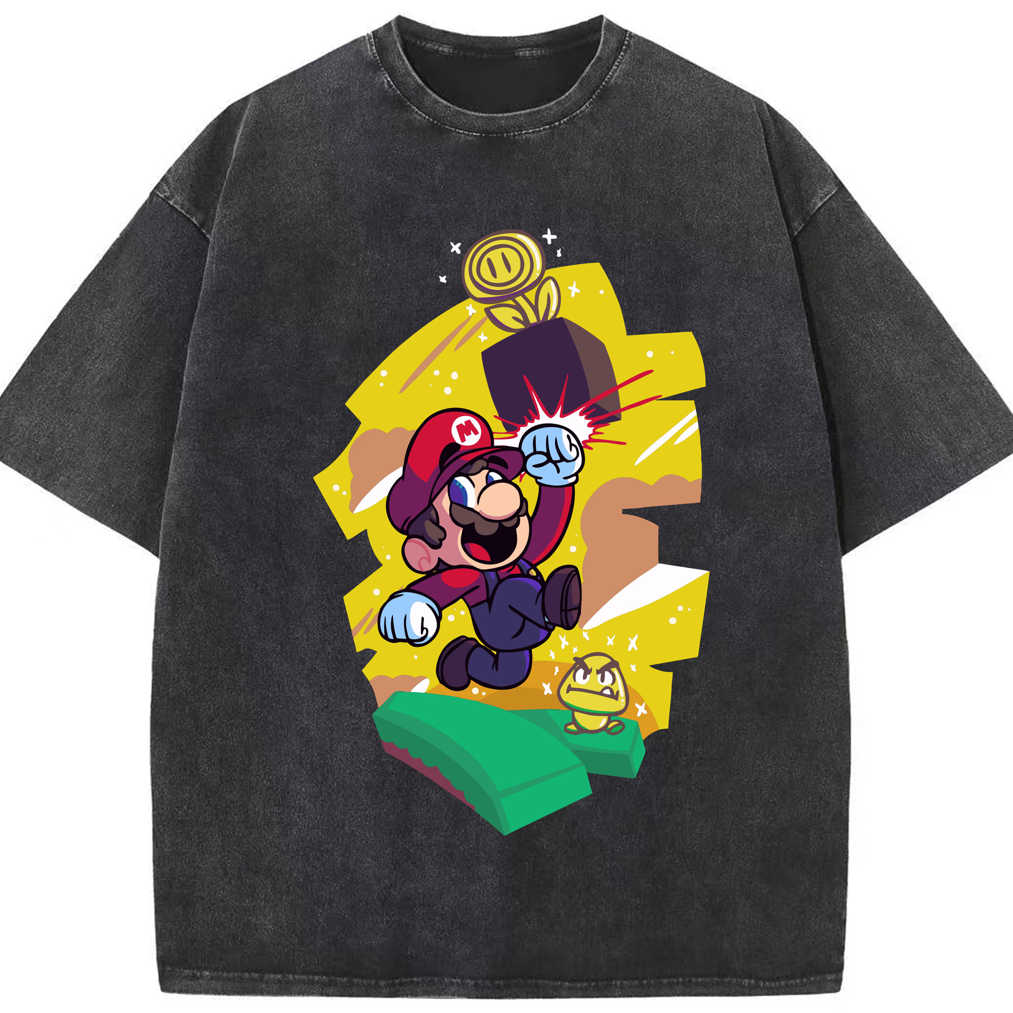 Nintendo Super Mario Blessing of the trophy t-shirt - Washed Vintage Look 230g Cotton Oversized T-Shirt With Front Heat Transfer Print – Soft, Lightweight, Stylish Fit – Comfortable Casual Wear For Sports & Everyday Use