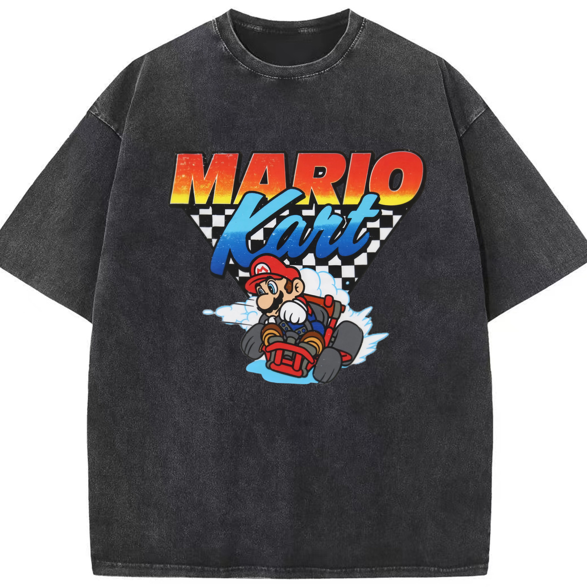 Nintendo Super Mario drift kart T-shirt - Washed Vintage Look 230g Cotton Oversized T-Shirt With Front Heat Transfer Print – Soft, Lightweight, Stylish Fit – Comfortable Casual Wear For Sports & Everyday Use