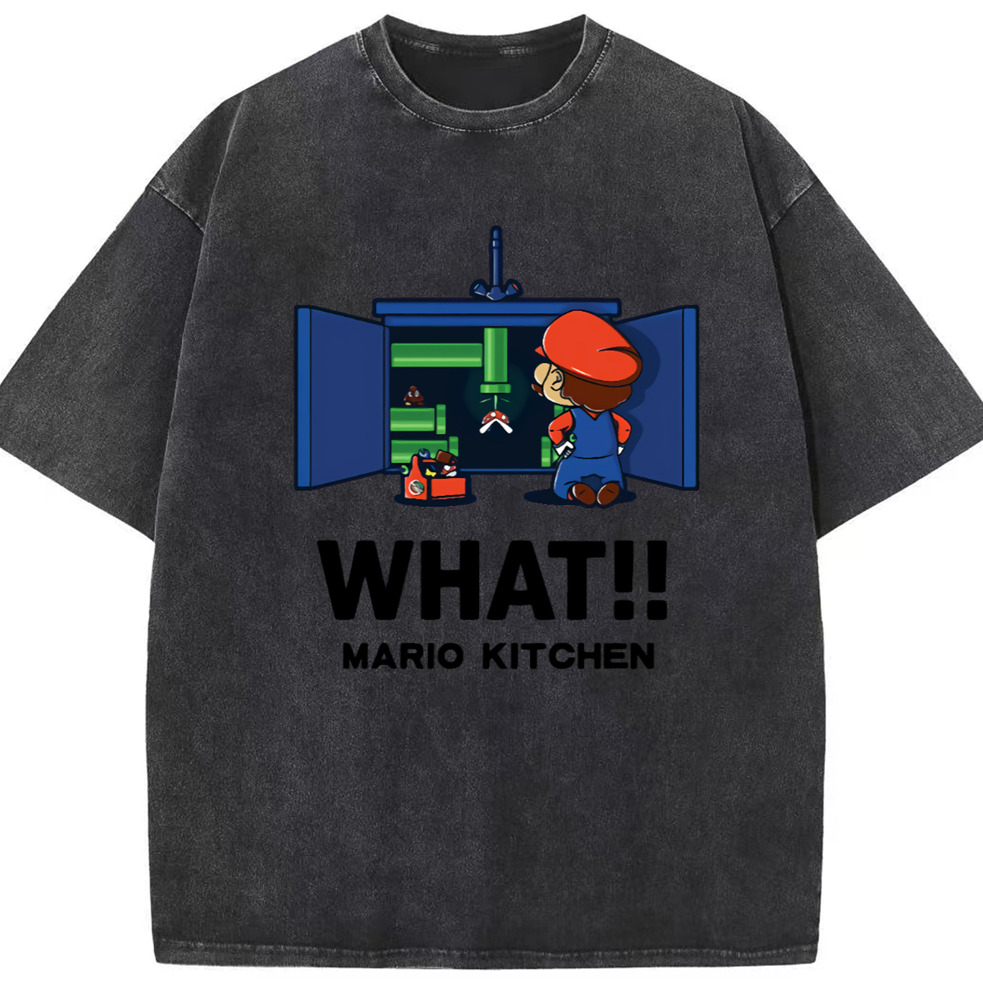 Nintendo Super Mario kitchen 'what' t-shirt - Washed Vintage Look 230g Cotton Oversized T-Shirt With Front Heat Transfer Print – Soft, Lightweight, Stylish Fit – Comfortable Casual Wear For Sports & Everyday Use