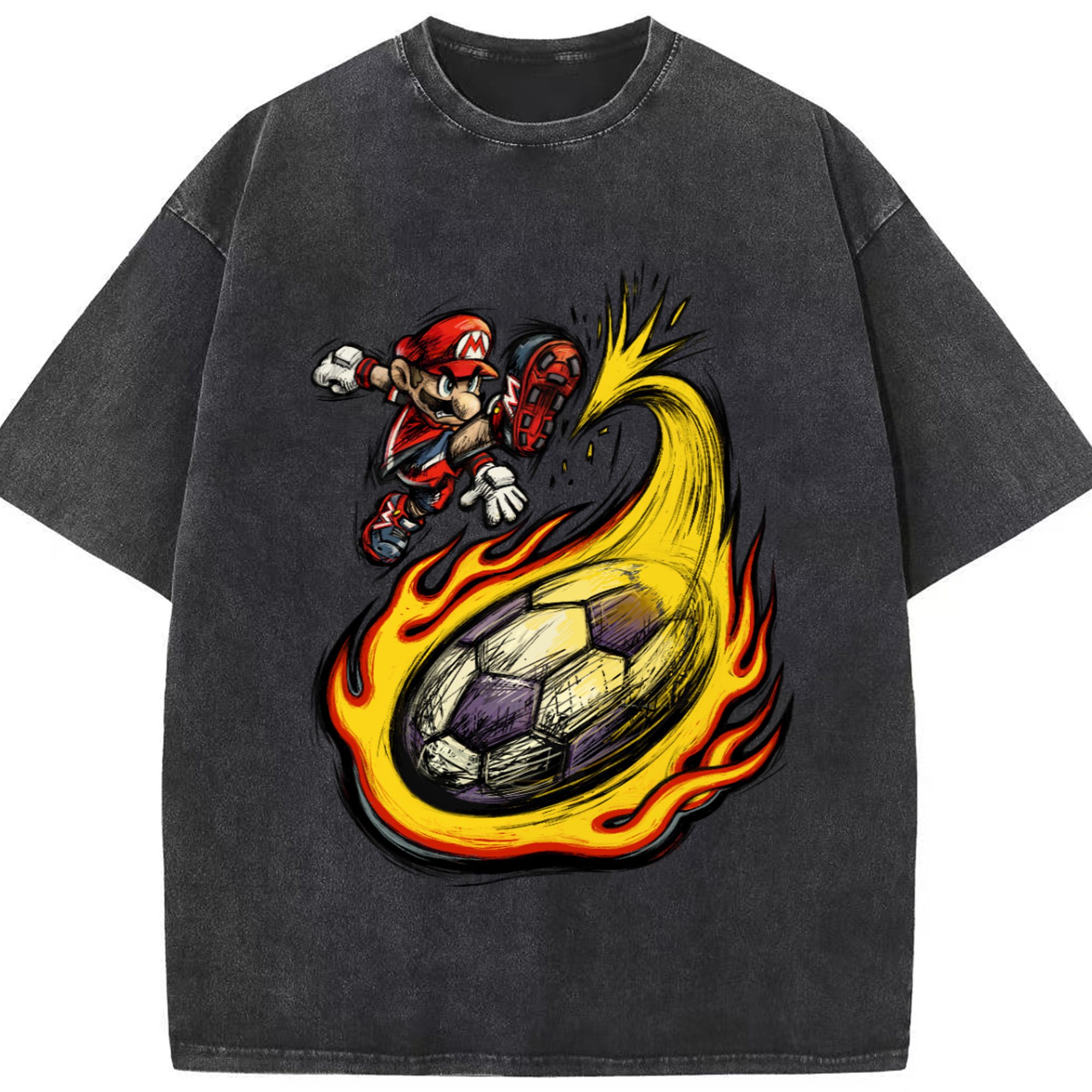 Nintendo Super 'shoot' Painted style Tee - Washed Vintage Look 230g Cotton Oversized T-Shirt With Front Heat Transfer Print – Soft, Lightweight, Stylish Fit – Comfortable Casual Wear For Sports & Everyday Use