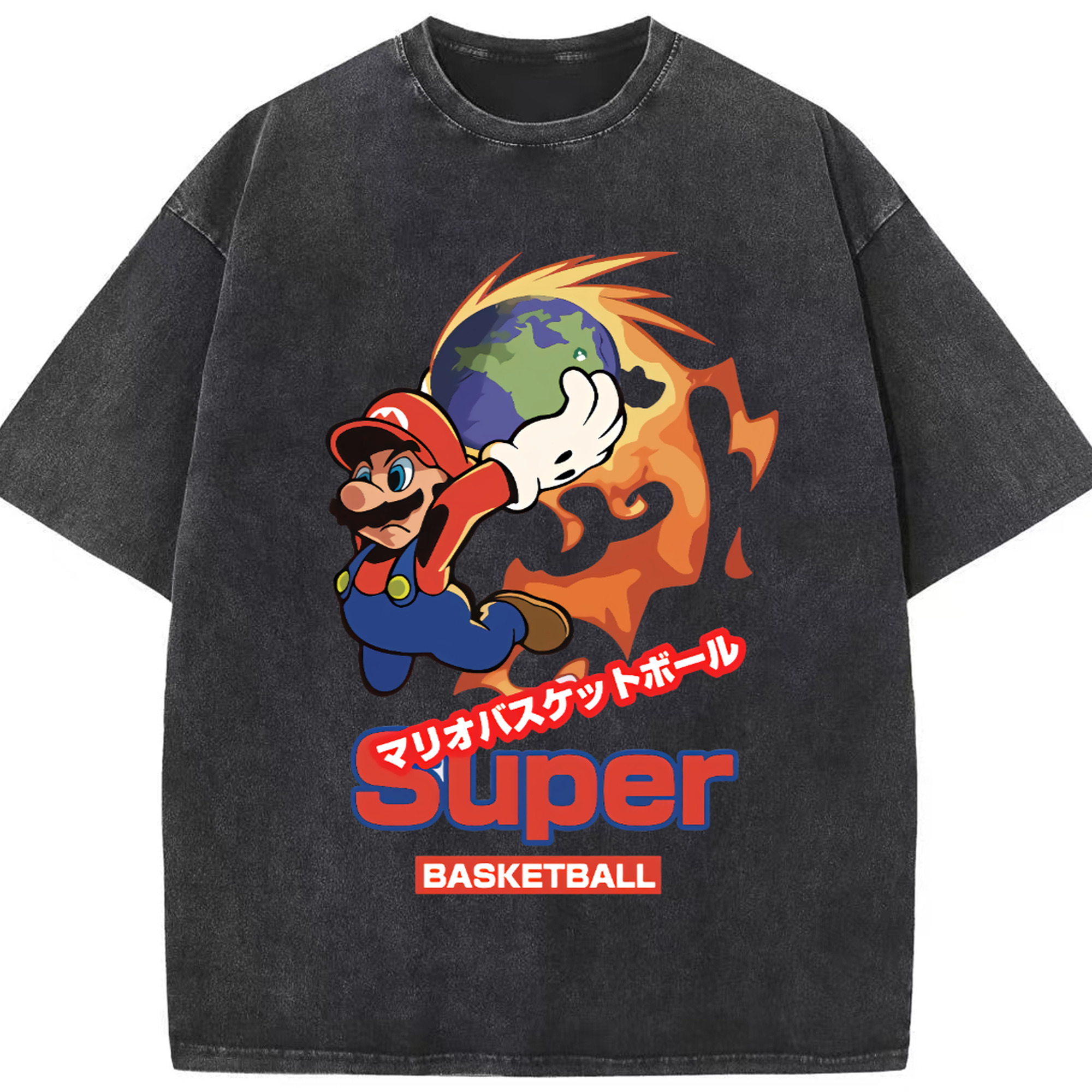 Nintendo Super Slam Dunk tee - Washed Vintage Look 230g Cotton Oversized T-Shirt With Front Heat Transfer Print – Soft, Lightweight, Stylish Fit – Comfortable Casual Wear For Sports & Everyday Use