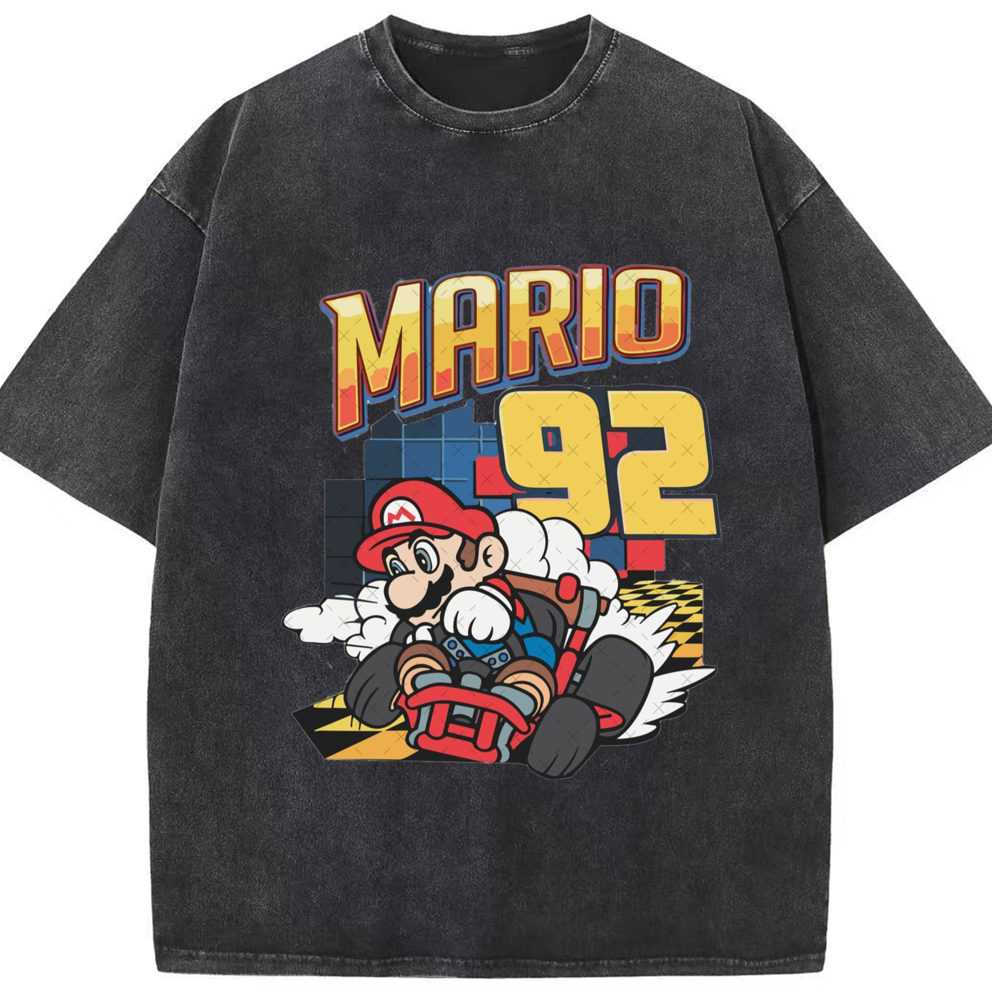 Super Mario '92'kart T-shirt - Washed Vintage Look 230g Cotton Oversized T-Shirt With Front Heat Transfer Print – Soft, Lightweight, Stylish Fit – Comfortable Casual Wear For Sports & Everyday Use