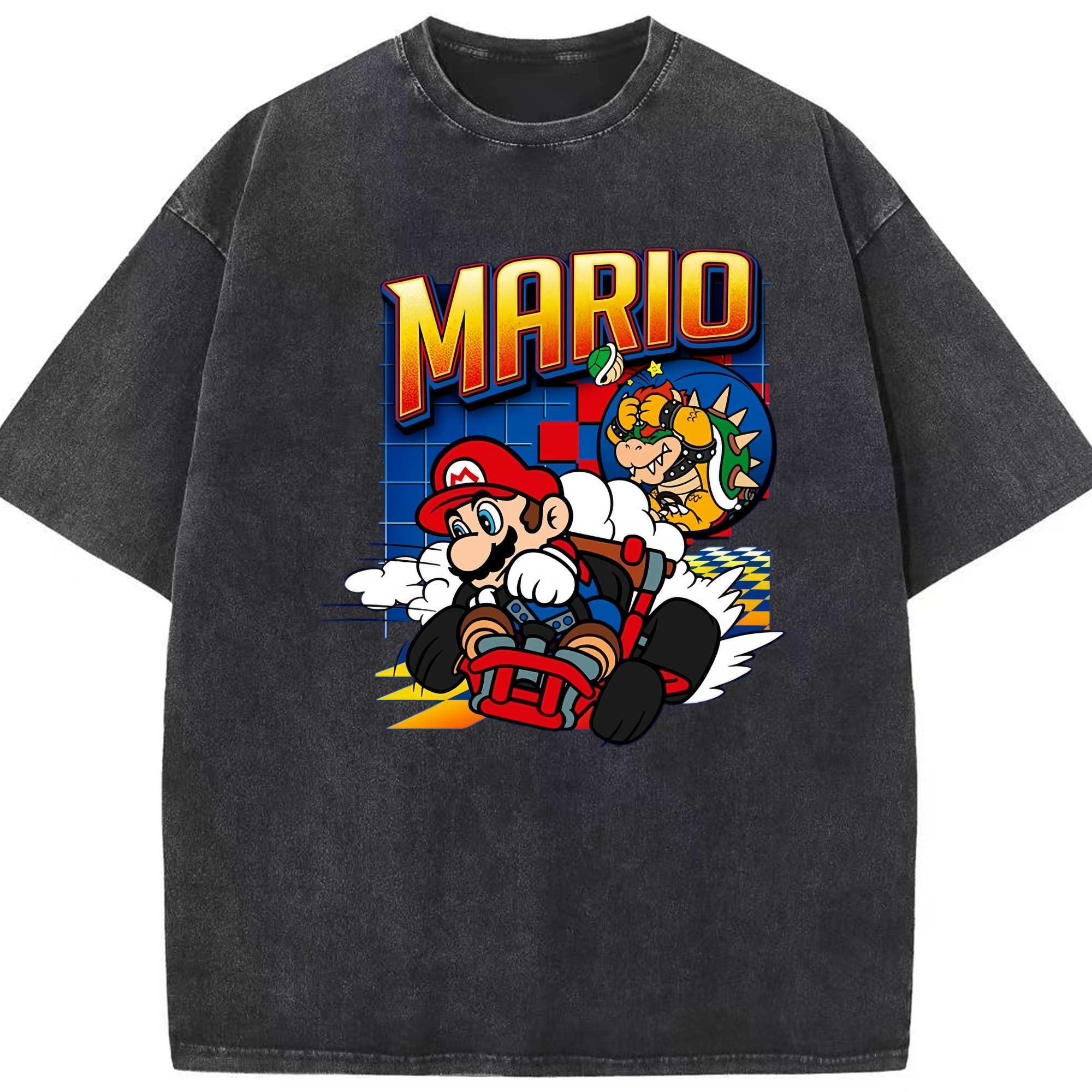 Super Mario &#039;Beat Bowser Koopa &#039;kart T-shirt - Washed Vintage Look 230g Cotton Oversized T-Shirt With Front Heat Transfer Print – Soft, Lightweight, Stylish Fit – Comfortable Casual Wear For Sports & Everyday Use