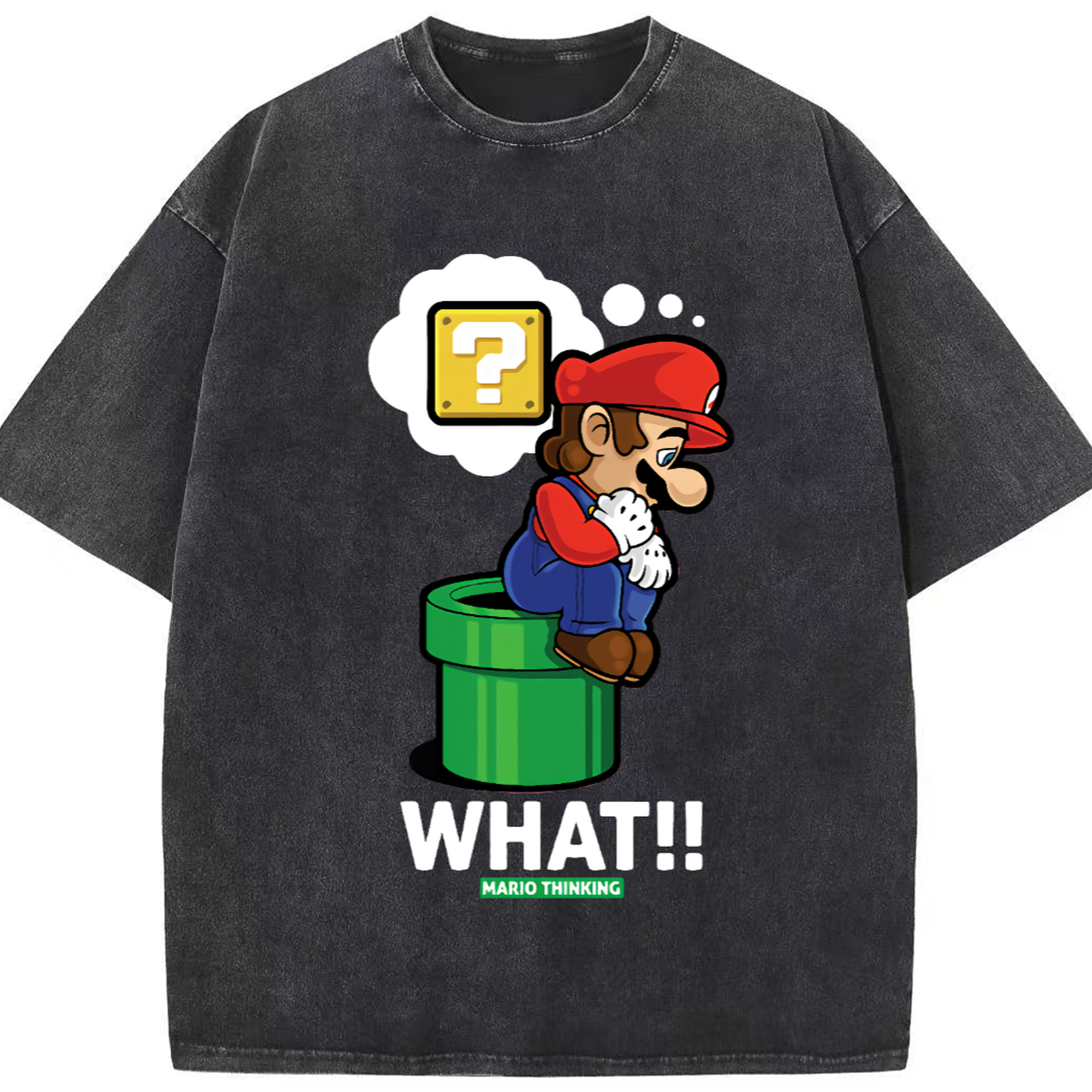 Super Mario 'deep thinking 'T-shirt - Washed Vintage Look 230g Cotton Oversized T-Shirt With Front Heat Transfer Print – Soft, Lightweight, Stylish Fit – Comfortable Casual Wear For Sports & Everyday Use