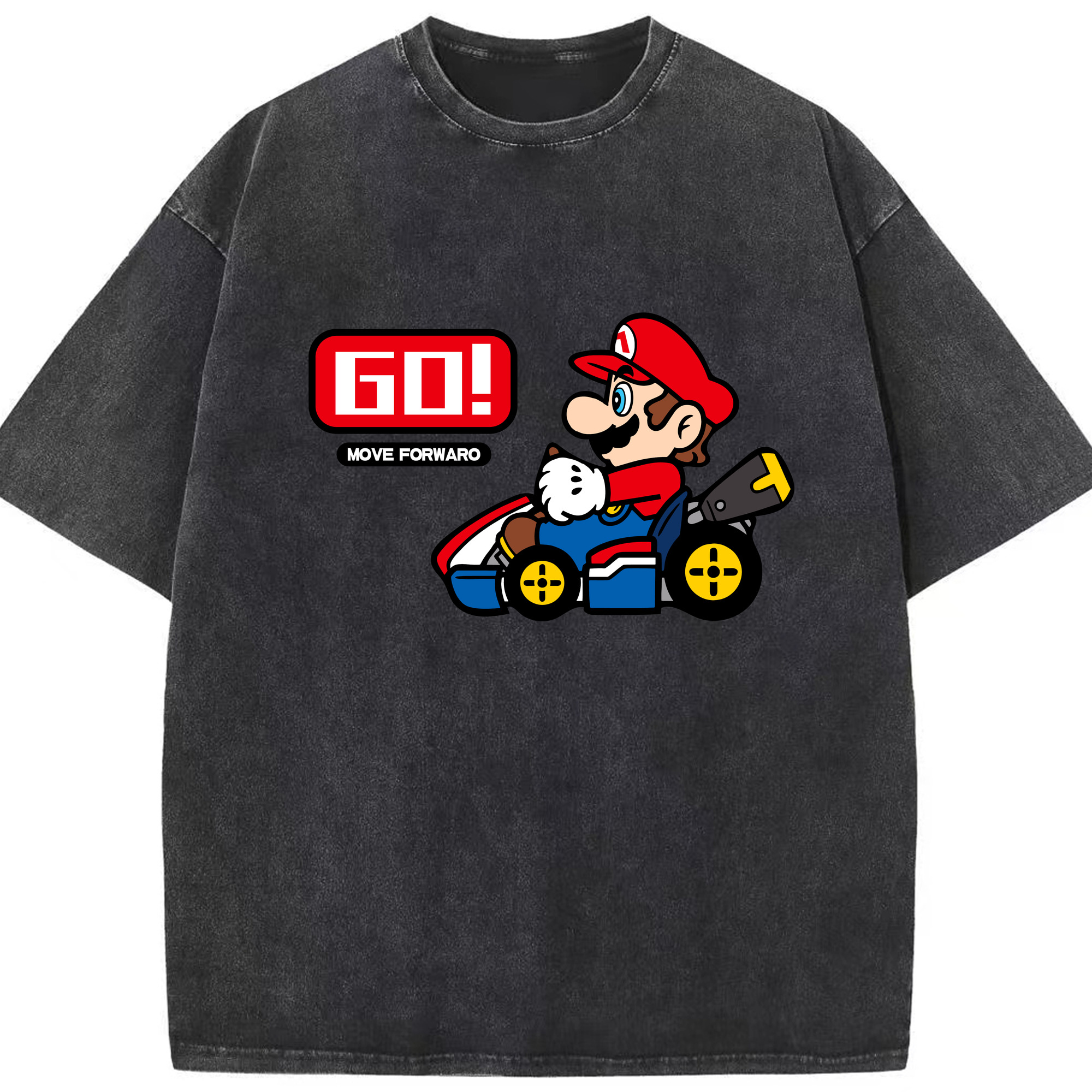 Super Mario 'GO!'kart T-shirt - Washed Vintage Look 230g Cotton Oversized T-Shirt With Front Heat Transfer Print – Soft, Lightweight, Stylish Fit – Comfortable Casual Wear For Sports & Everyday Use