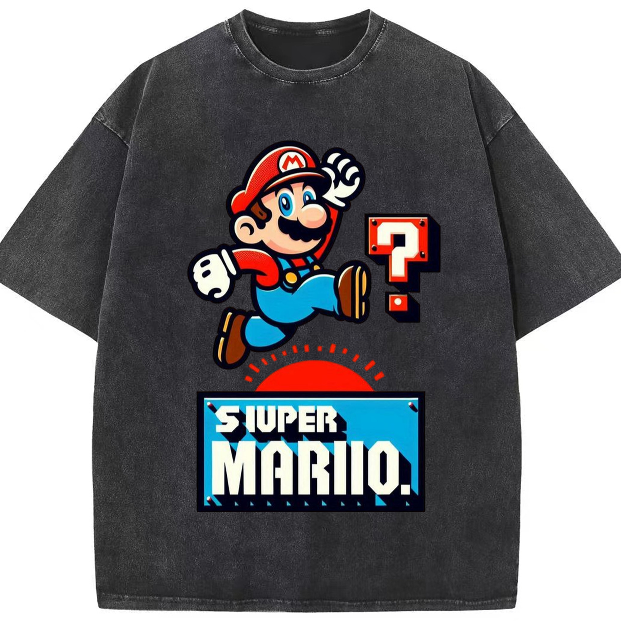 Super Mario 'jumping' T-shirt - Washed Vintage Look 230g Cotton Oversized T-Shirt With Front Heat Transfer Print – Soft, Lightweight, Stylish Fit – Comfortable Casual Wear For Sports & Everyday Use