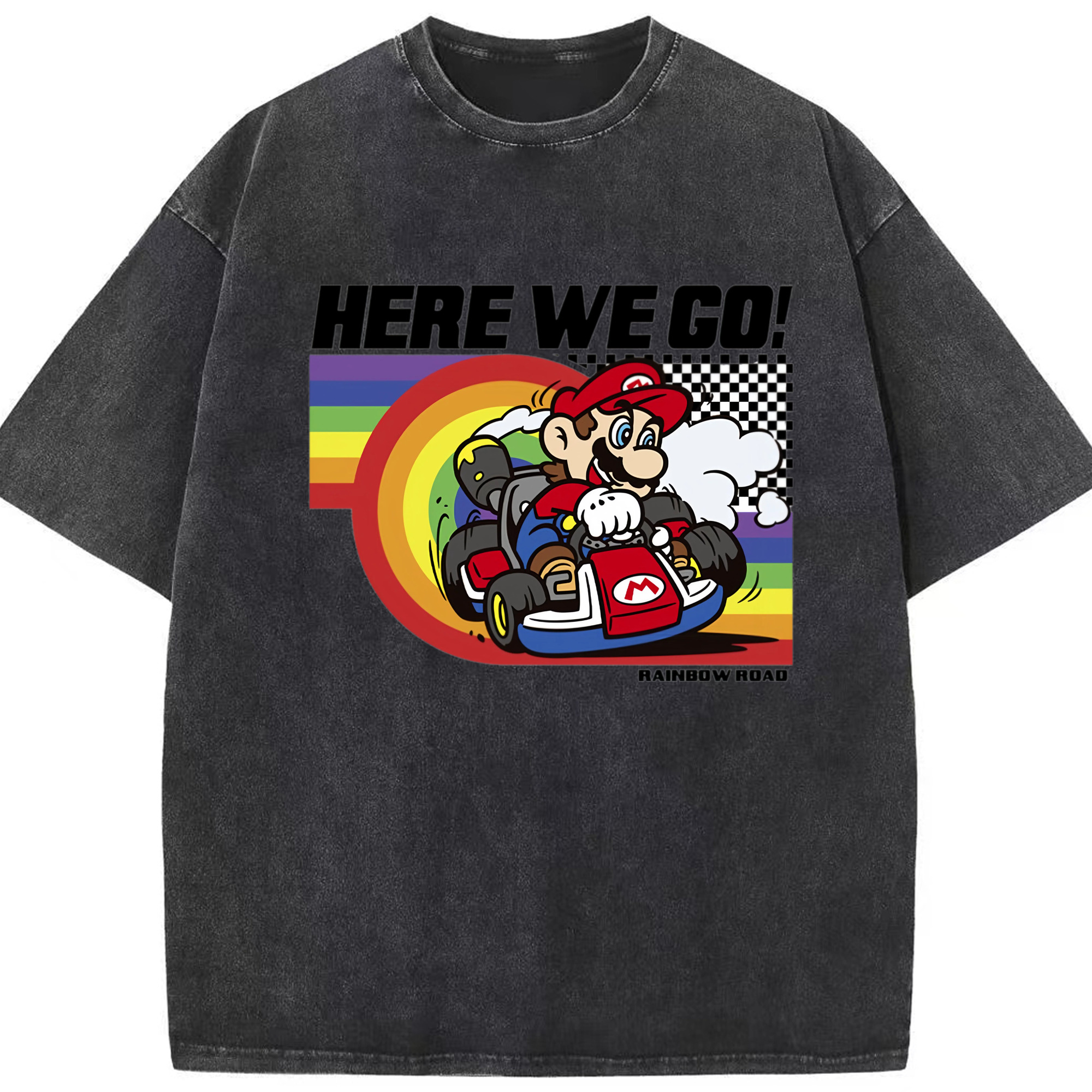 Super Mario Rainbow drift kart T-shirt - Washed Vintage Look 230g Cotton Oversized T-Shirt With Front Heat Transfer Print – Soft, Lightweight, Stylish Fit – Comfortable Casual Wear For Sports & Everyday Use
