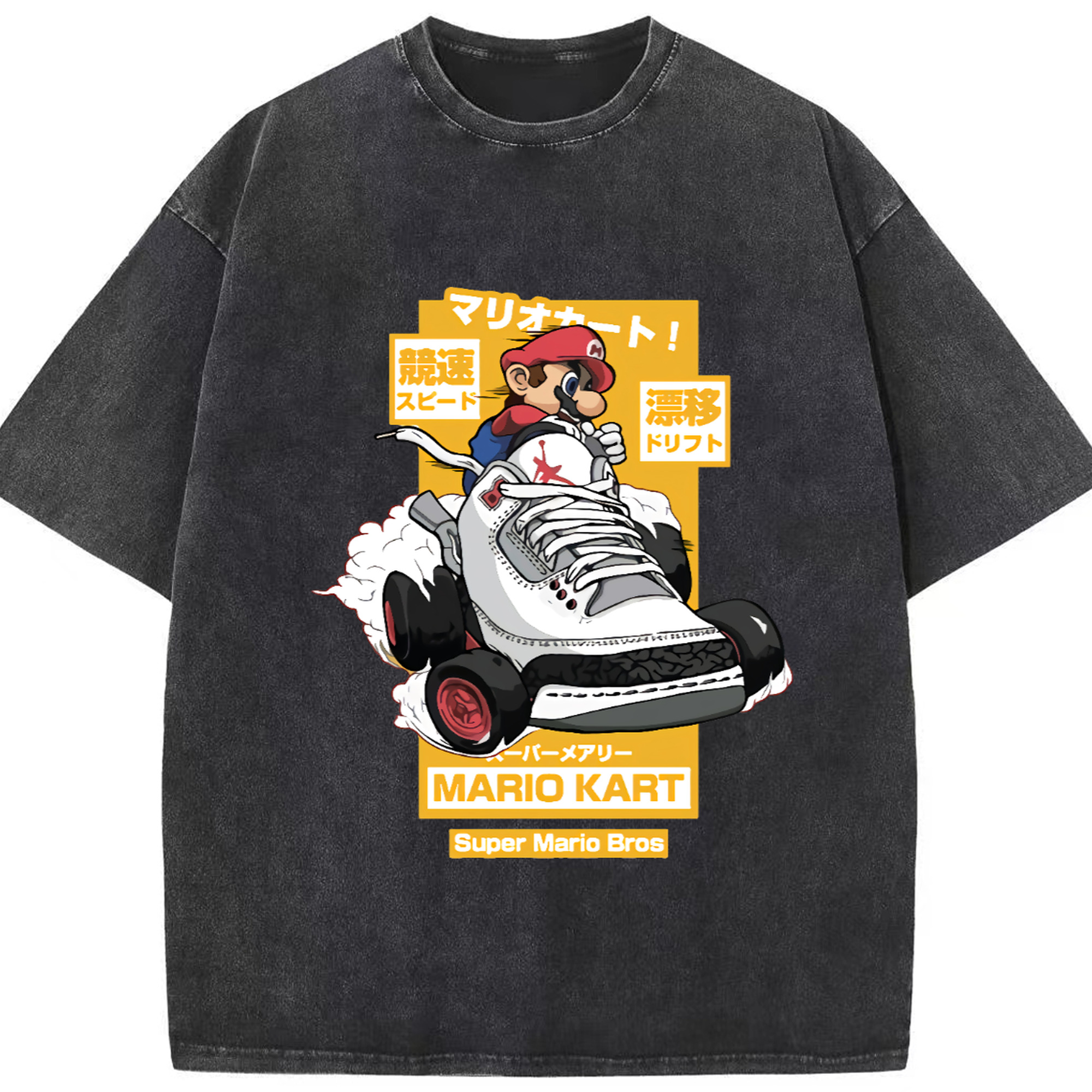 Super Mario 'Shoe car' kart Shirts - Washed Vintage Look 230g Cotton Oversized T-Shirt With Front Heat Transfer Print – Soft, Lightweight, Stylish Fit – Comfortable Casual Wear For Sports & Everyday Use