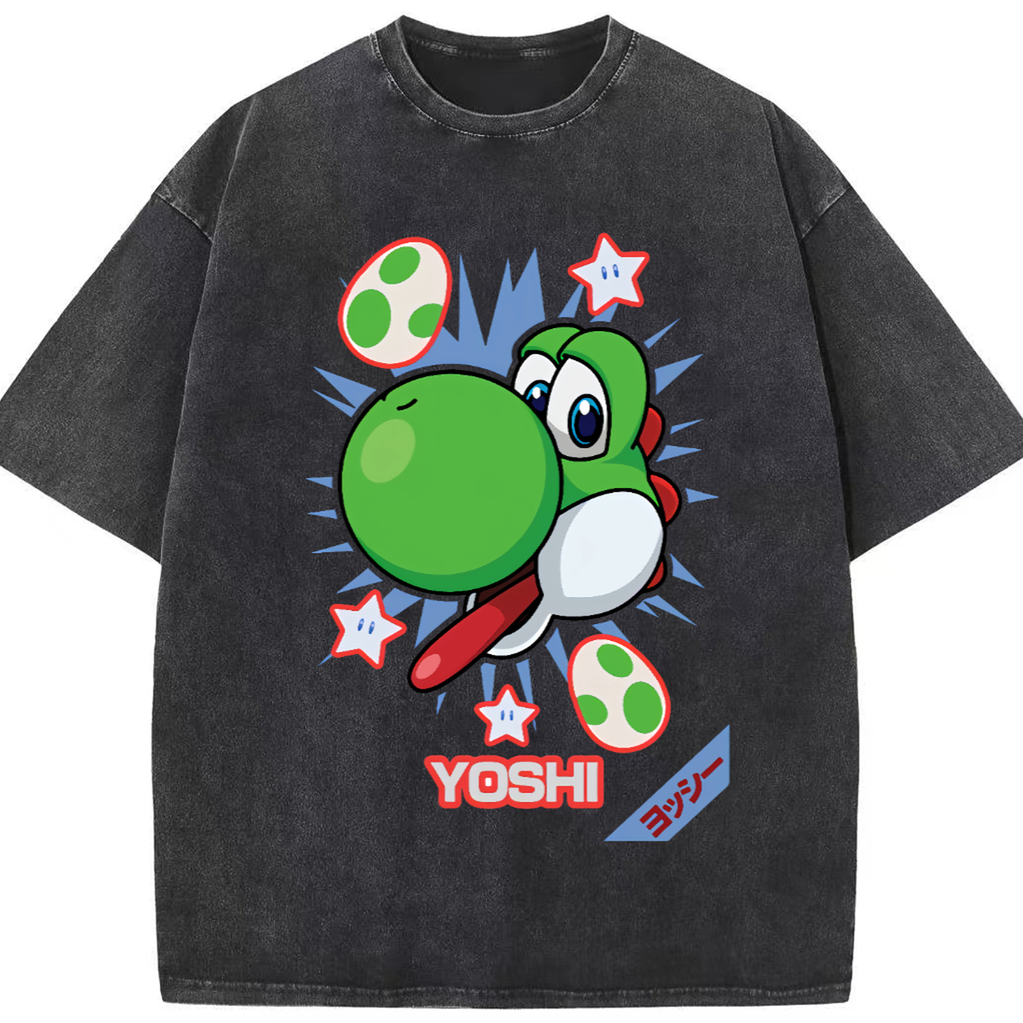 Super Mario Yoshi cartoon profile t-shirt - Washed Vintage Look 230g Cotton Oversized T-Shirt With Front Heat Transfer Print – Soft, Lightweight, Stylish Fit – Comfortable Casual Wear For Sports & Everyday Use