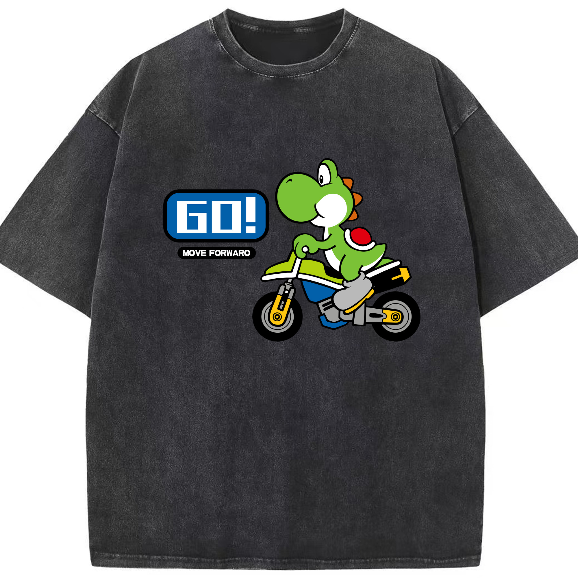 Super Mario Yoshi 'GO!'kart T-shirt - Washed Vintage Look 230g Cotton Oversized T-Shirt With Front Heat Transfer Print – Soft, Lightweight, Stylish Fit – Comfortable Casual Wear For Sports & Everyday Use