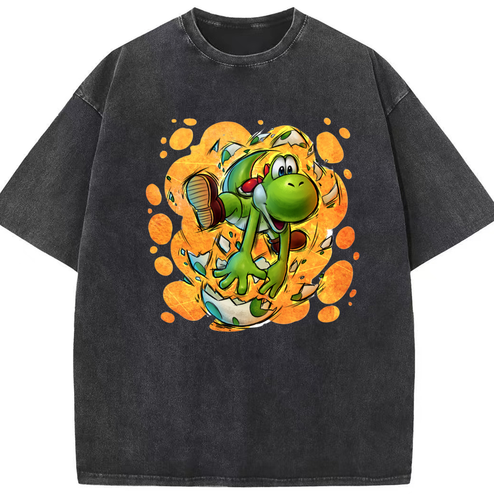 Super Mario Yoshi Painted style Tee - Washed Vintage Look 230g Cotton Oversized T-Shirt With Front Heat Transfer Print – Soft, Lightweight, Stylish Fit – Comfortable Casual Wear For Sports & Everyday Use
