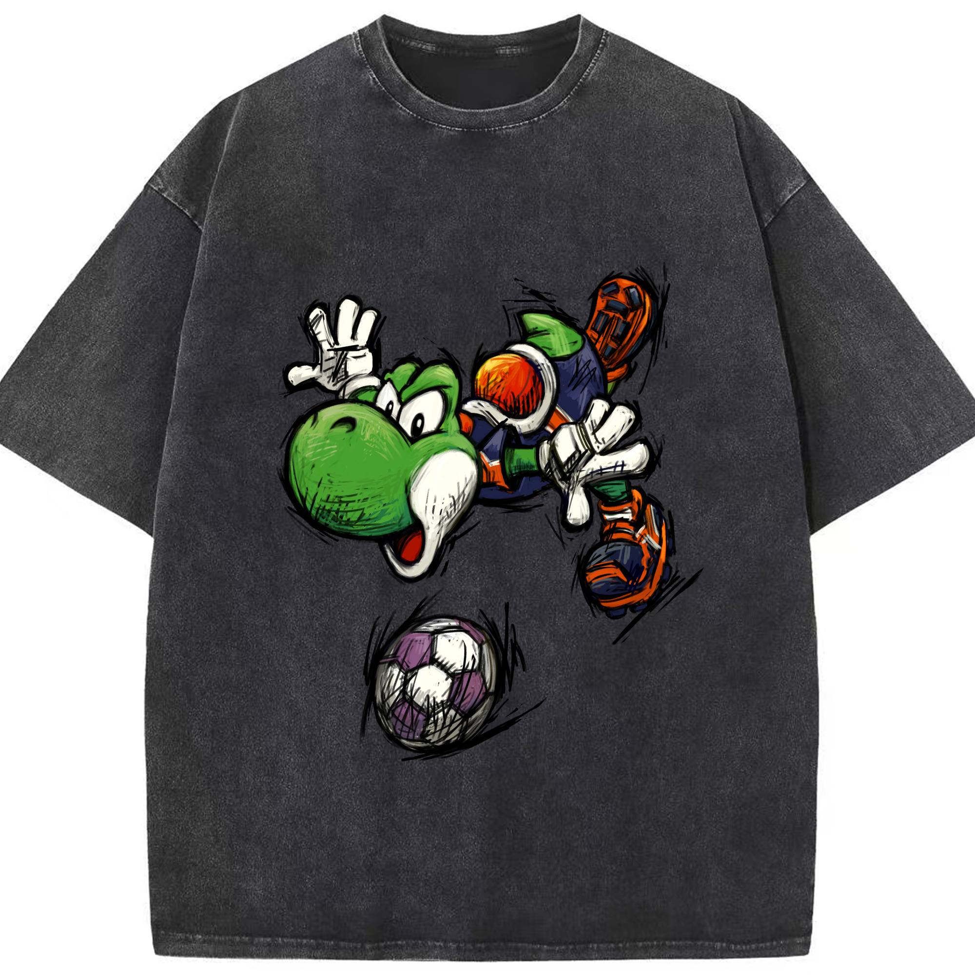 Super Mario Yoshi 'shoot' Painted style Tee - Washed Vintage Look 230g Cotton Oversized T-Shirt With Front Heat Transfer Print – Soft, Lightweight, Stylish Fit – Comfortable Casual Wear For Sports & Everyday Use