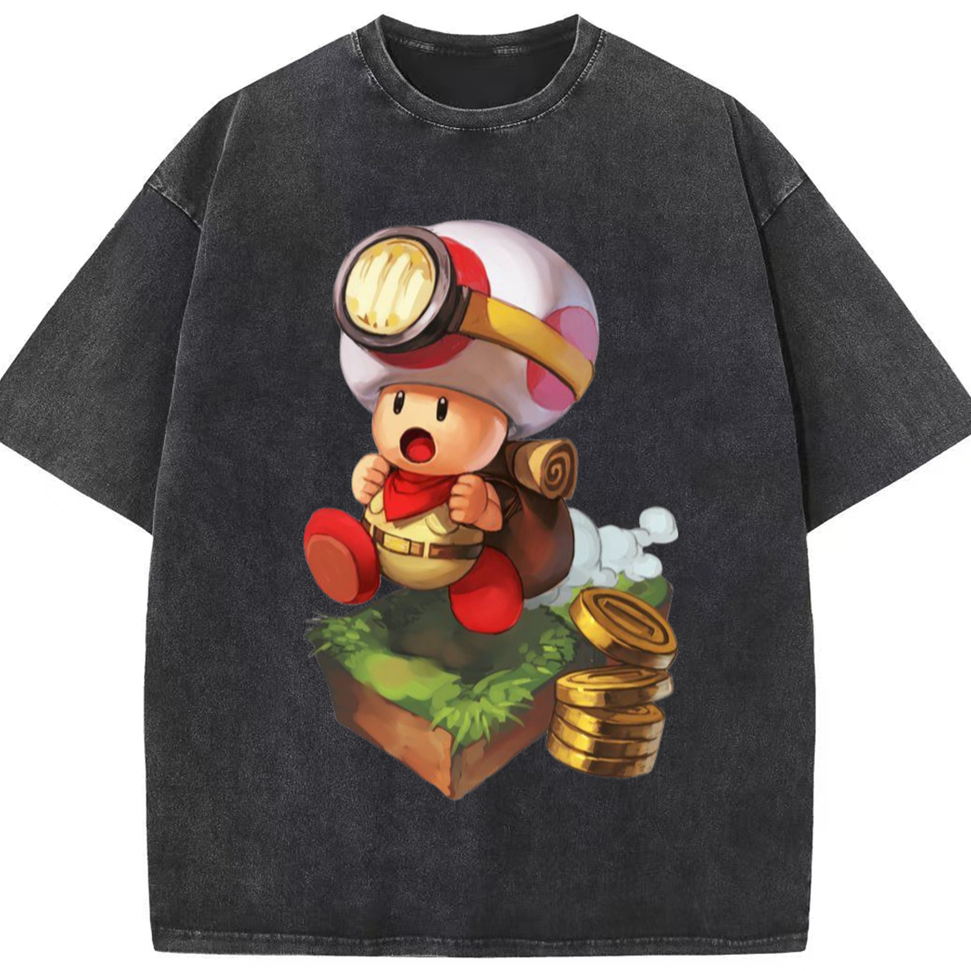 Nintendo Red 'find cion' Toad Shirt - Washed Vintage Look 230g Cotton Oversized T-Shirt With Front Heat Transfer Print – Soft, Lightweight, Stylish Fit – Comfortable Casual Wear For Sports & Everyday Use