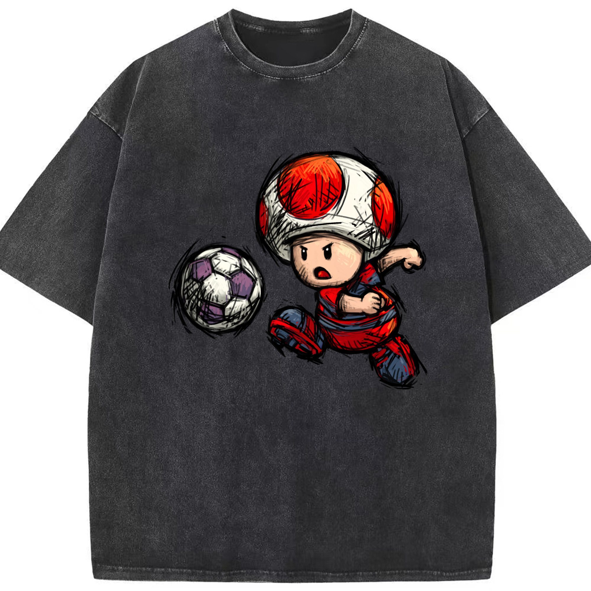 Nintendo Red 'pass football' Toad Shirt - Washed Vintage Look 230g Cotton Oversized T-Shirt With Front Heat Transfer Print – Soft, Lightweight, Stylish Fit – Comfortable Casual Wear For Sports & Everyday Use