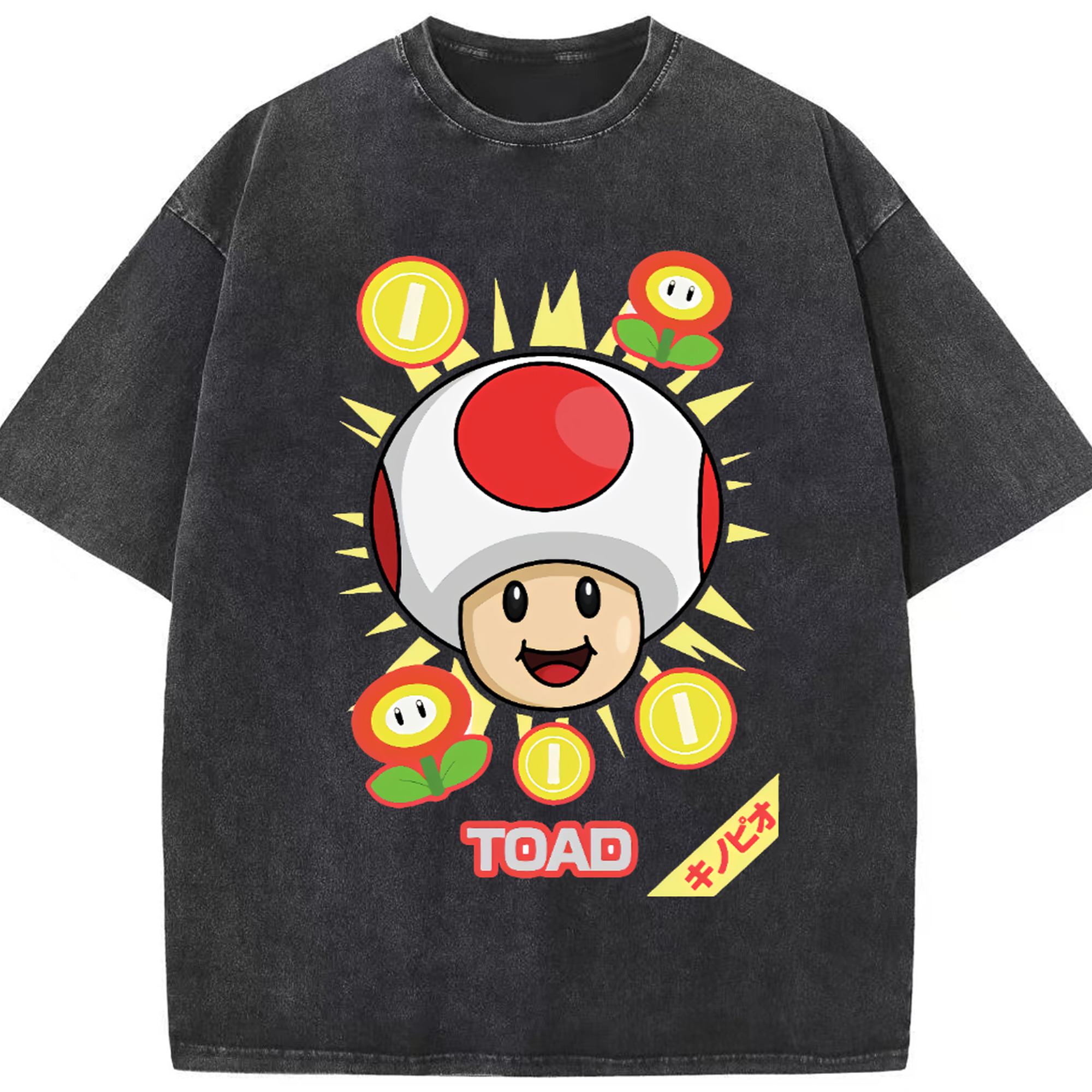 Nintendo super mario Sweet smile Red Toad Shirt - Washed Vintage Look 230g Cotton Oversized T-Shirt With Front Heat Transfer Print – Soft, Lightweight, Stylish Fit – Comfortable Casual Wear For Sports & Everyday Use