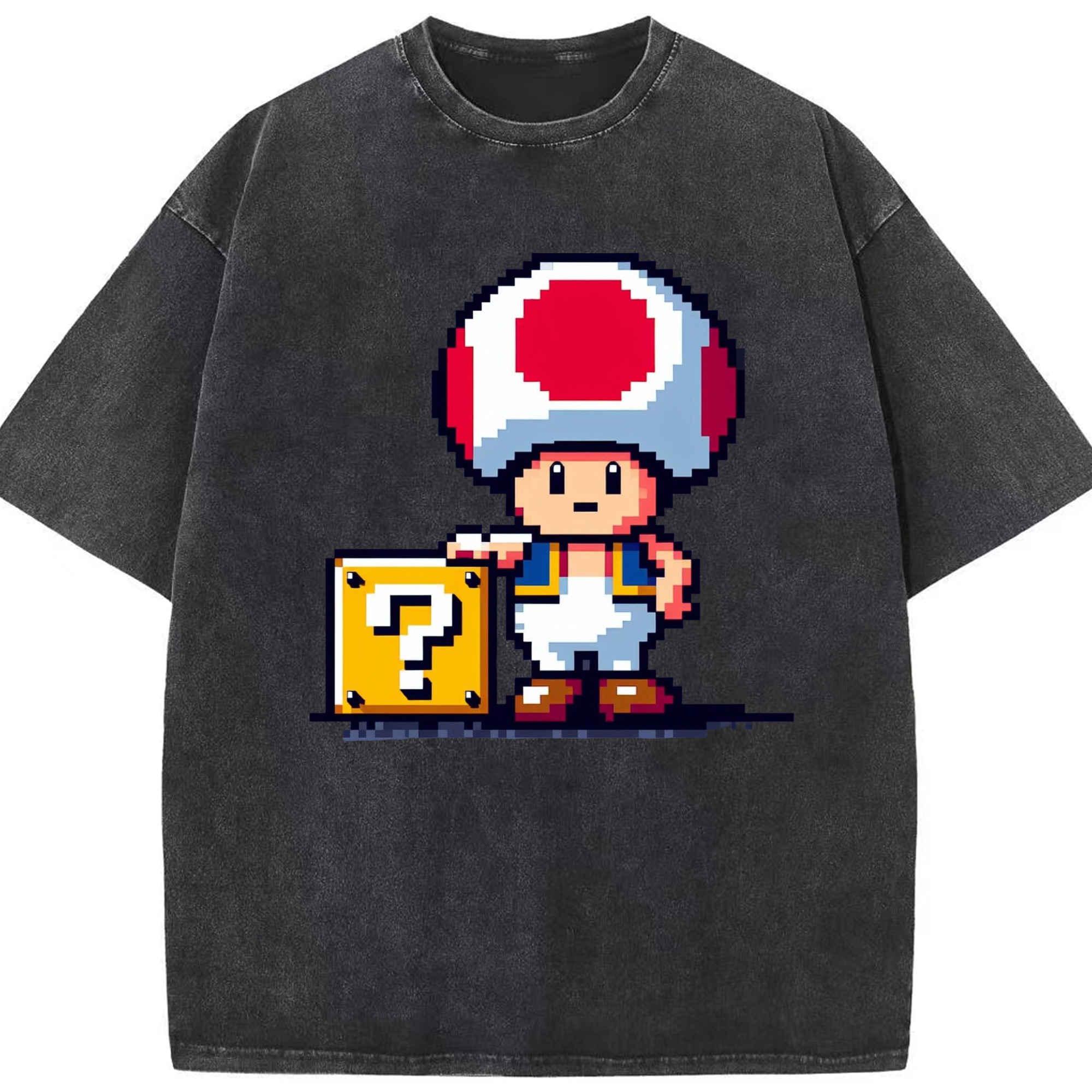 Super mario Pixel Style red toad t shirt - Washed Vintage Look 230g Cotton Oversized T-Shirt With Front Heat Transfer Print – Soft, Lightweight, Stylish Fit – Comfortable Casual Wear For Sports & Everyday Use