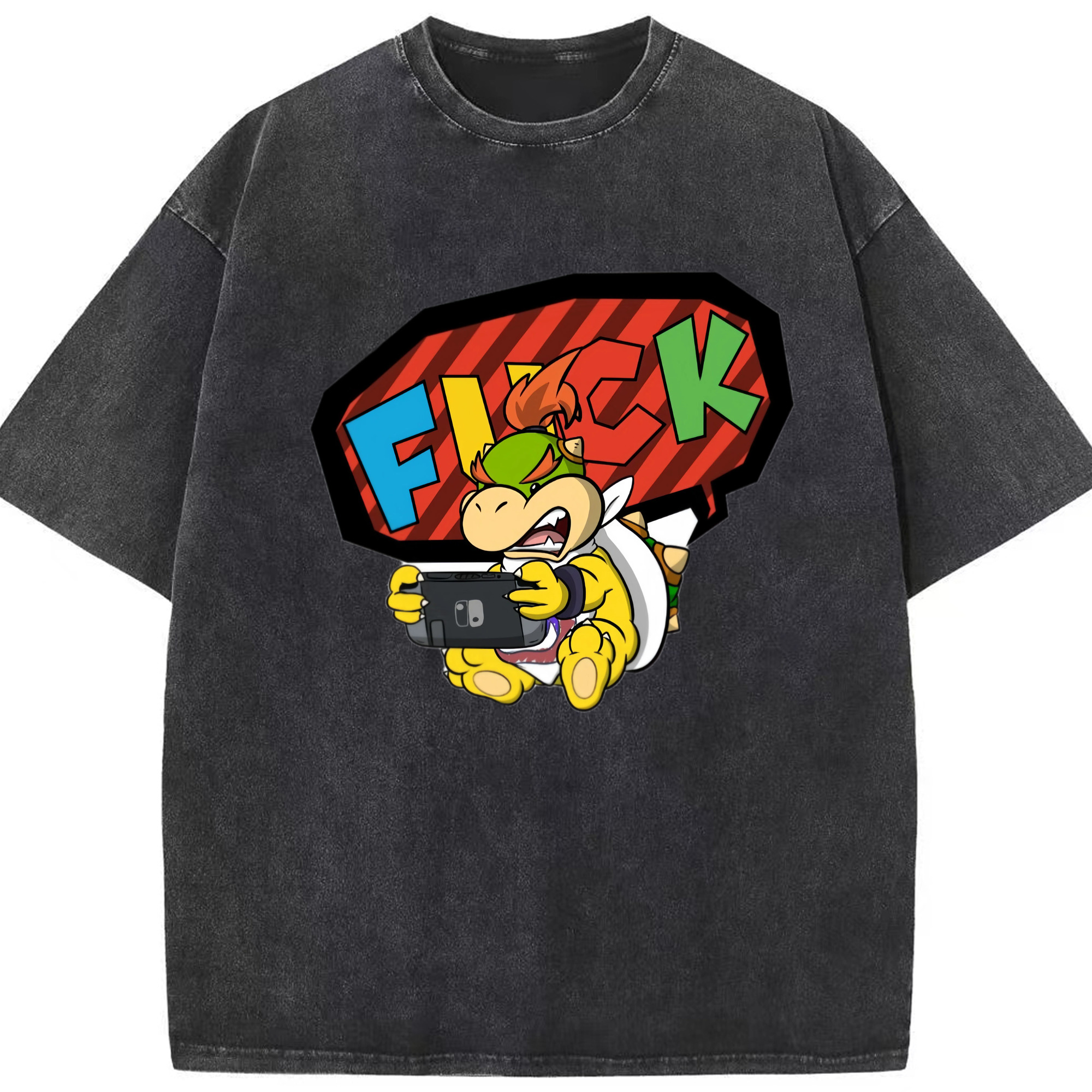 Boy&#039;s Nintendo Bowser Jr. cartoon &#039;fuck!&#039; Graphic Tee - Washed Vintage Look 230g Cotton Oversized T-Shirt With Front Heat Transfer Print – Soft, Lightweight, Stylish Fit – Comfortable Casual Wear For Sports & Everyday Use